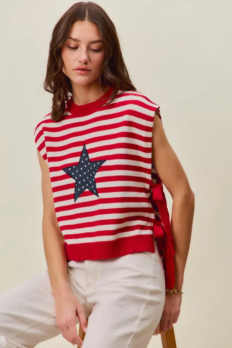 SO ME Stripe Star Patch 4th Of July Side Tie Vest Top - Image 7