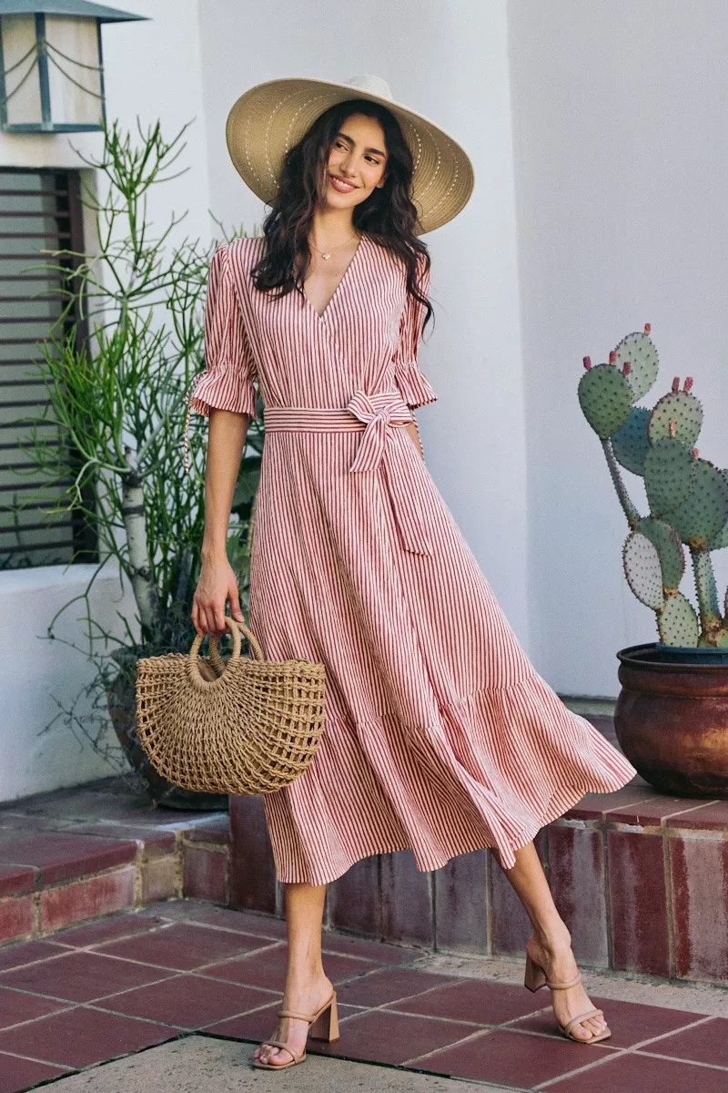 SO ME Stripe Textured Short Sleeves Lined Wrap Midi Dres - Image 11