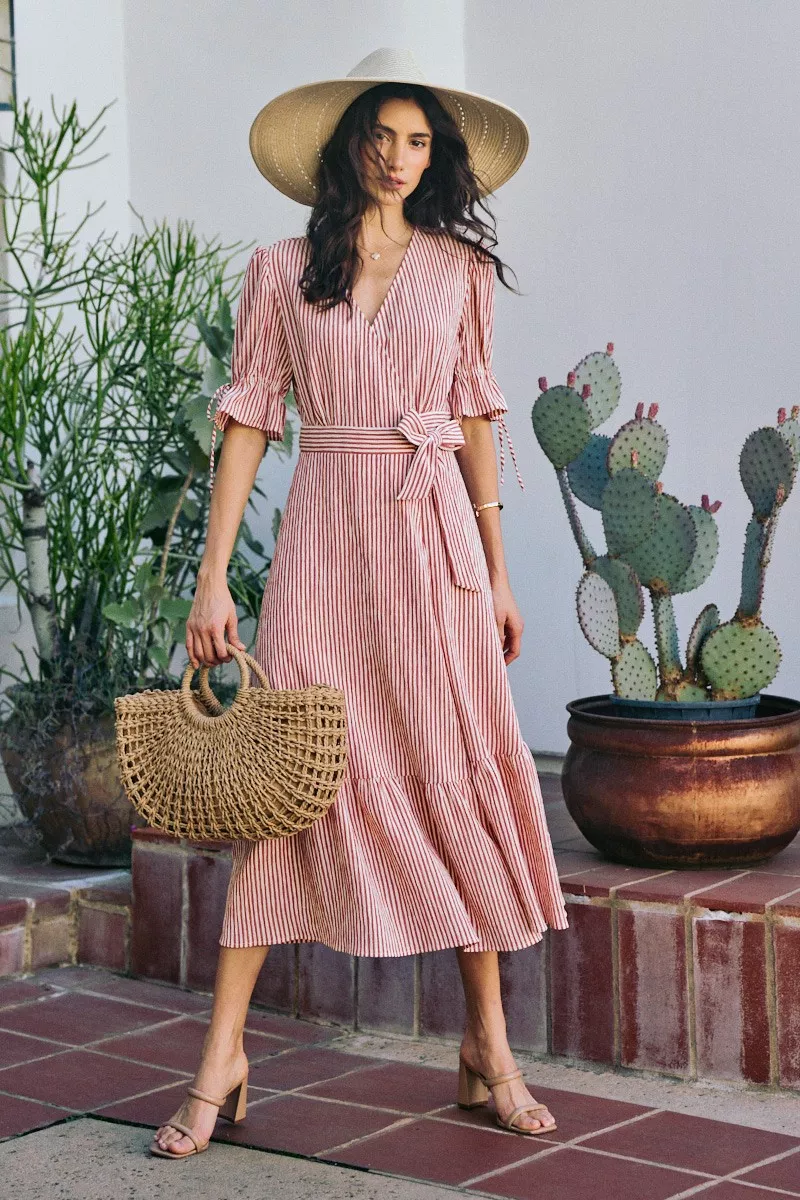 SO ME Stripe Textured Short Sleeves Lined Wrap Midi Dres - Image 7
