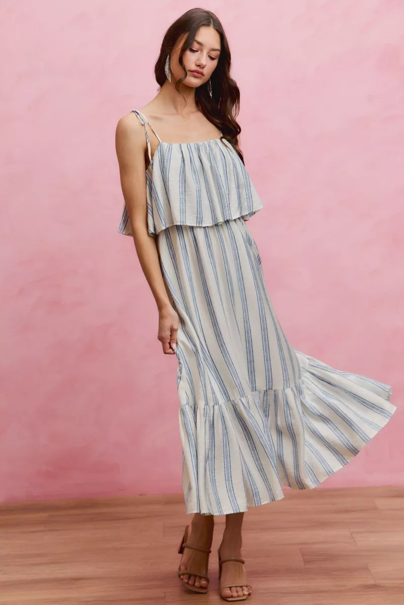 SO ME Stripe Tiered Shoulder Tie Midi Lined Dress - Image 13