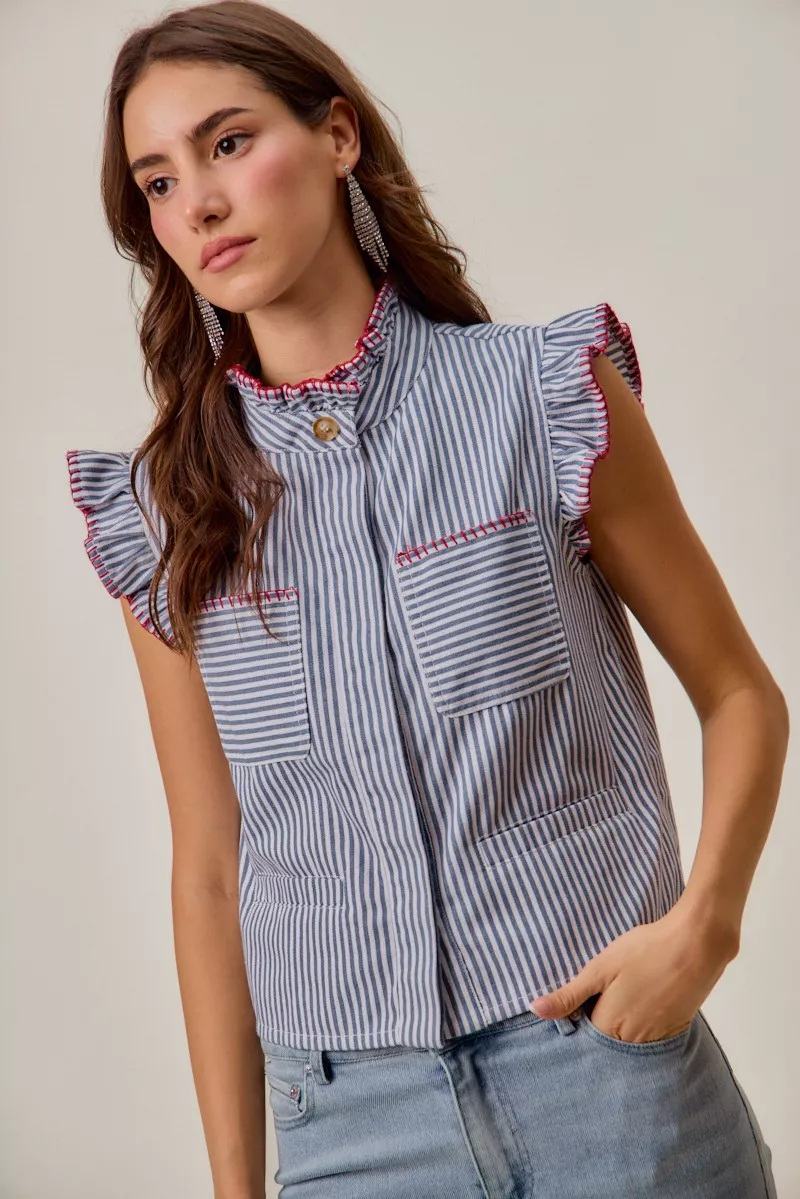 SO ME Stripe Twill Stitch Ruffled Hidden Button Vest Top - Image 10