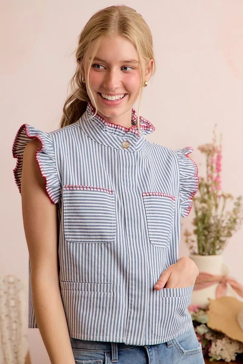SO ME Stripe Twill Stitch Ruffled Hidden Button Vest Top - Image 18