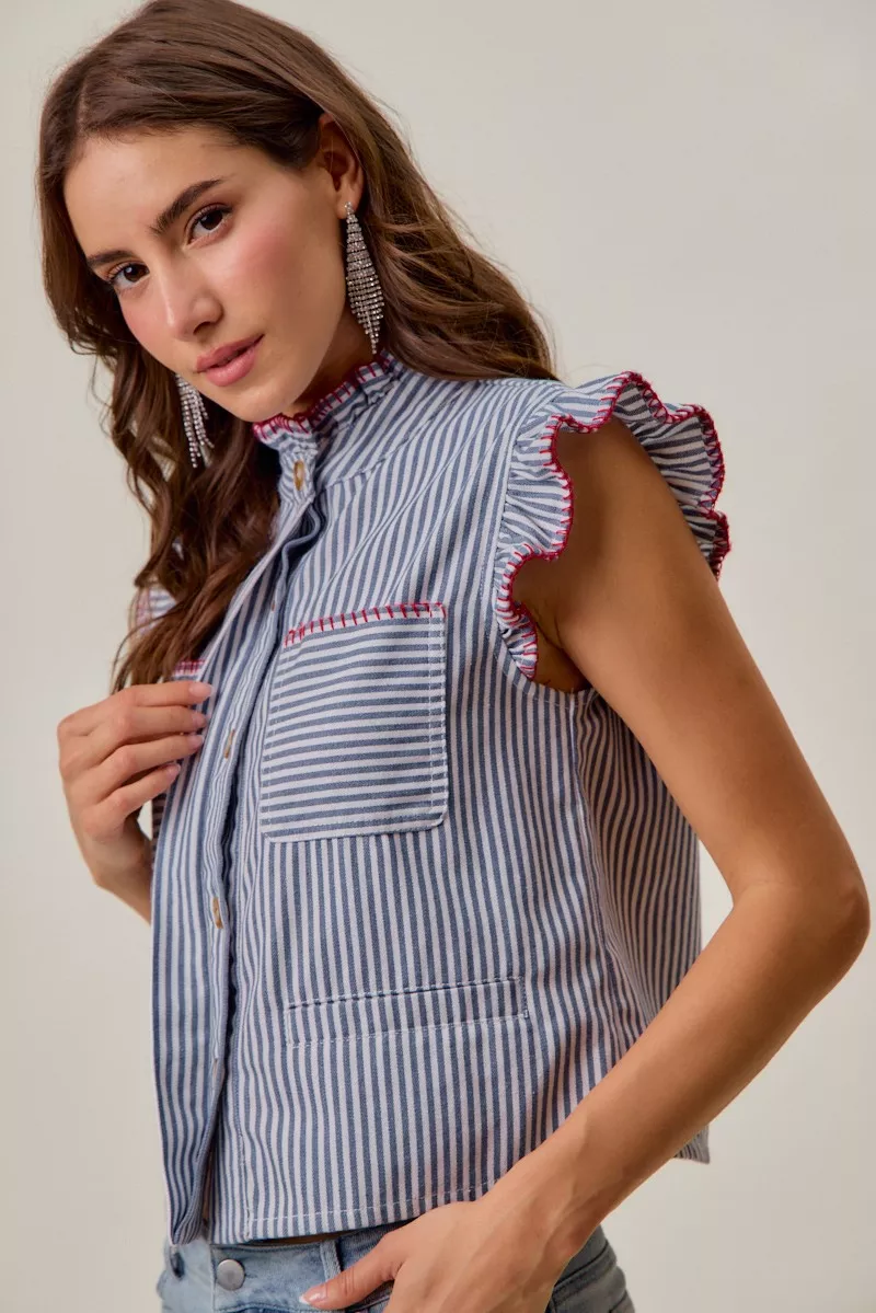 SO ME Stripe Twill Stitch Ruffled Hidden Button Vest Top - Image 6