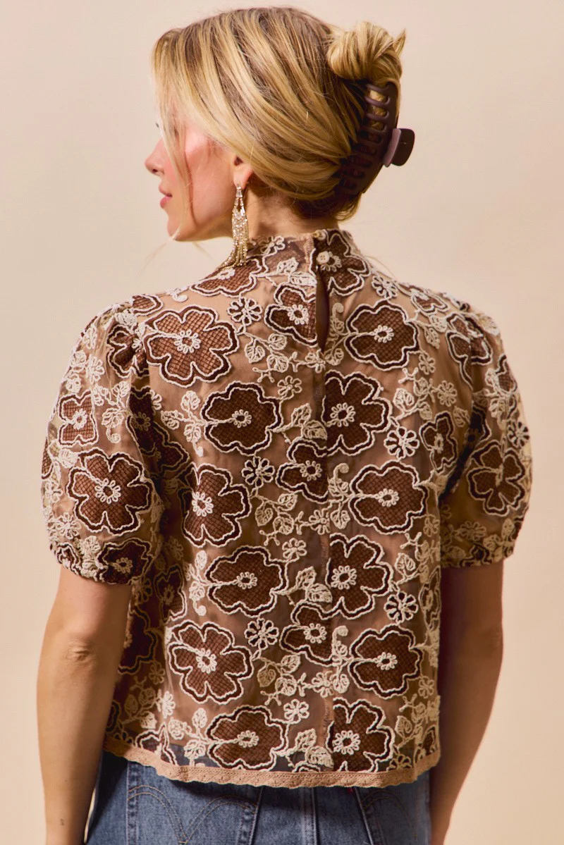 SO ME Texture Floral Mesh Top With Back Button Closure - Image 15