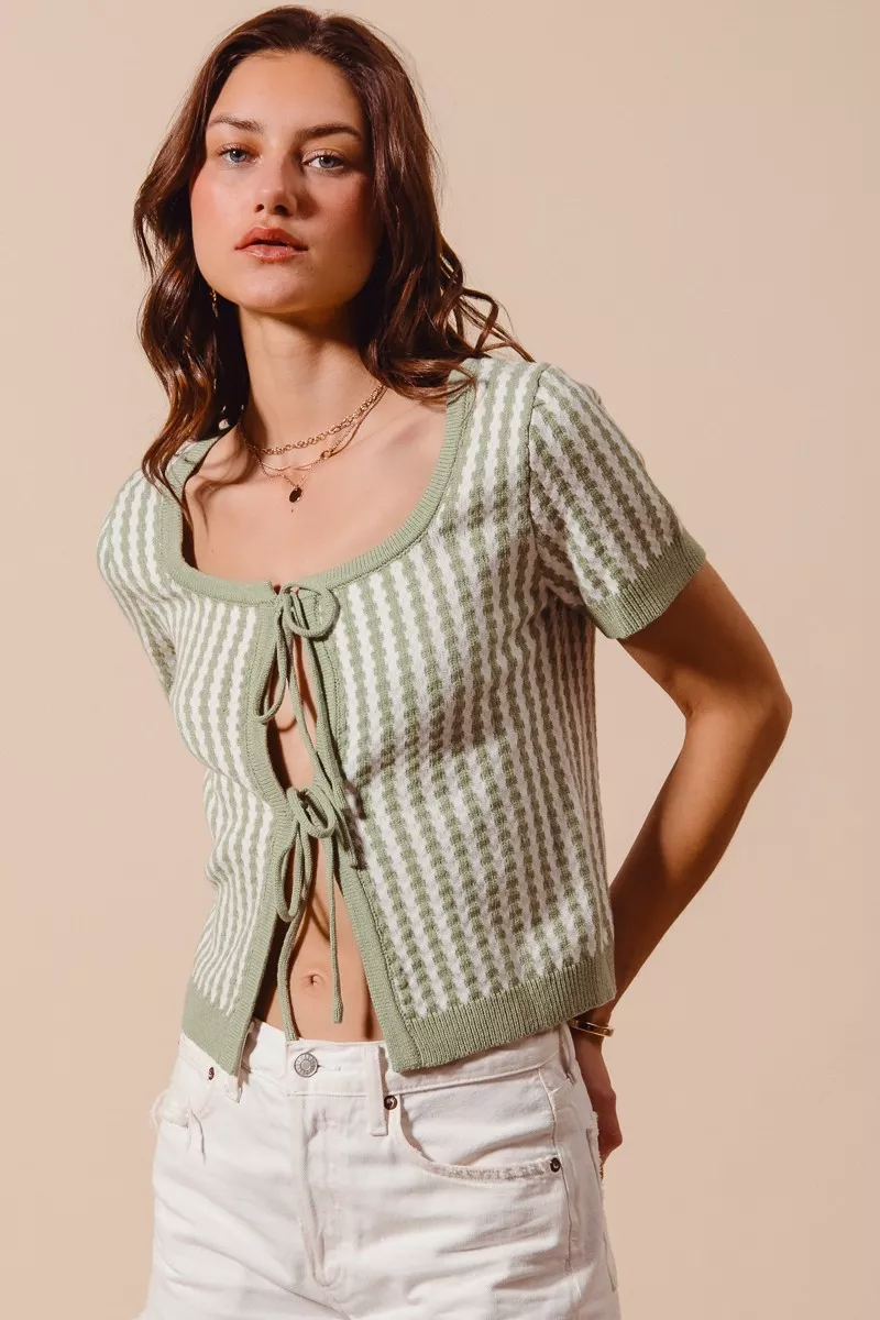 SO ME Tie Front Textured Vertical Stripe Knit Cardigan - Image 4