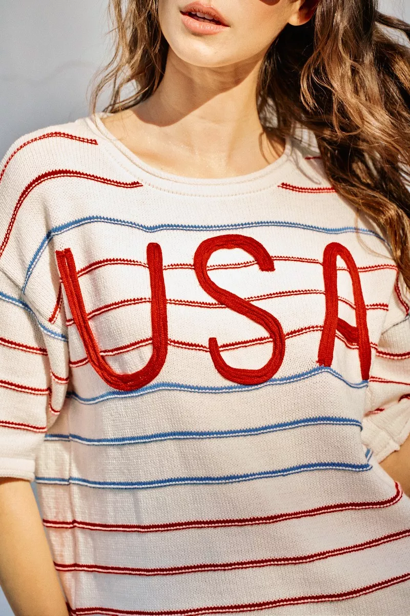 SO ME Usa Stripe Knit Short Sleeves Sweater Top - Image 5