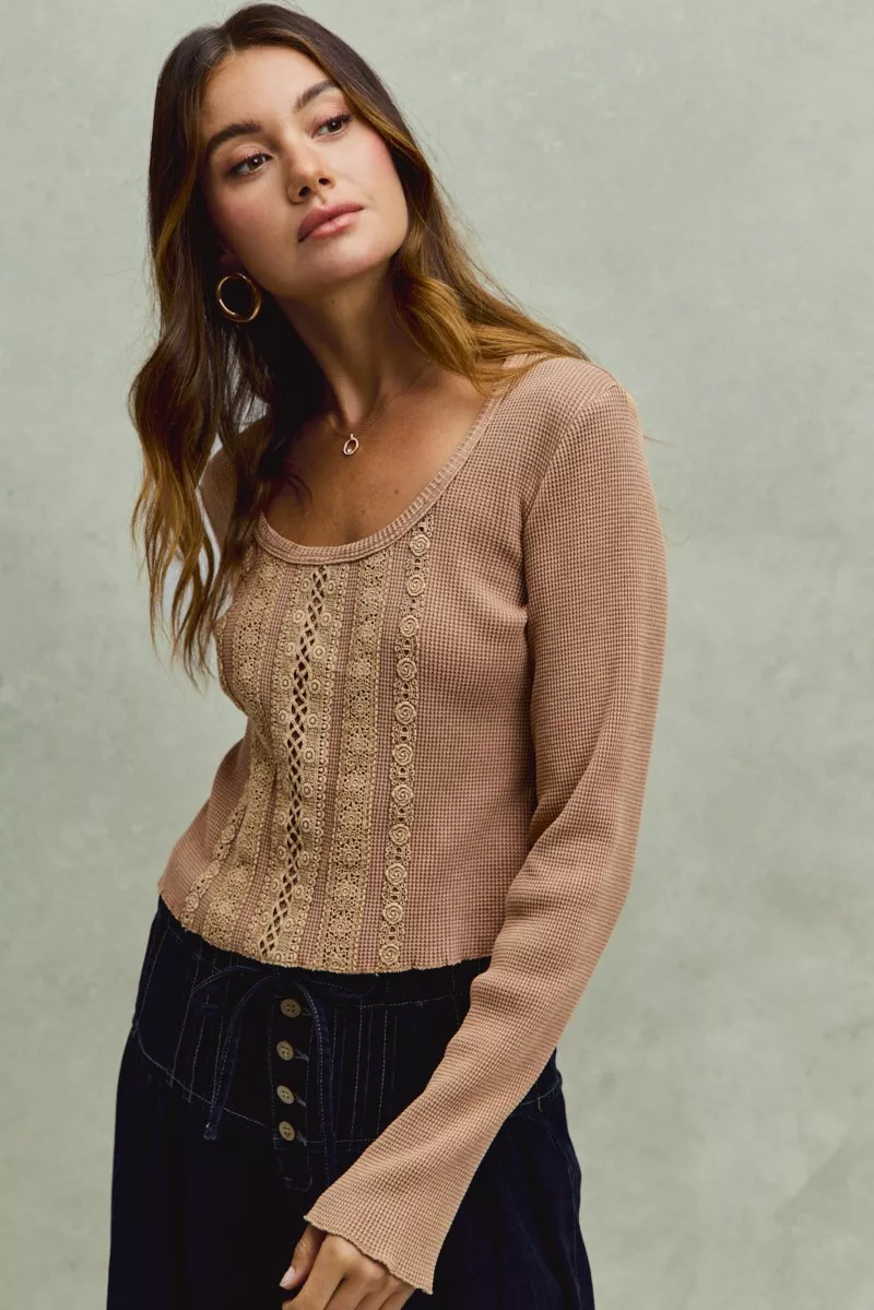 SO ME Vintage Washed Lace Crop Thermal Washed Knit Top - Image 10