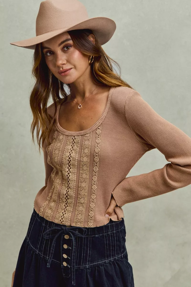 SO ME Vintage Washed Lace Crop Thermal Washed Knit Top - Image 3