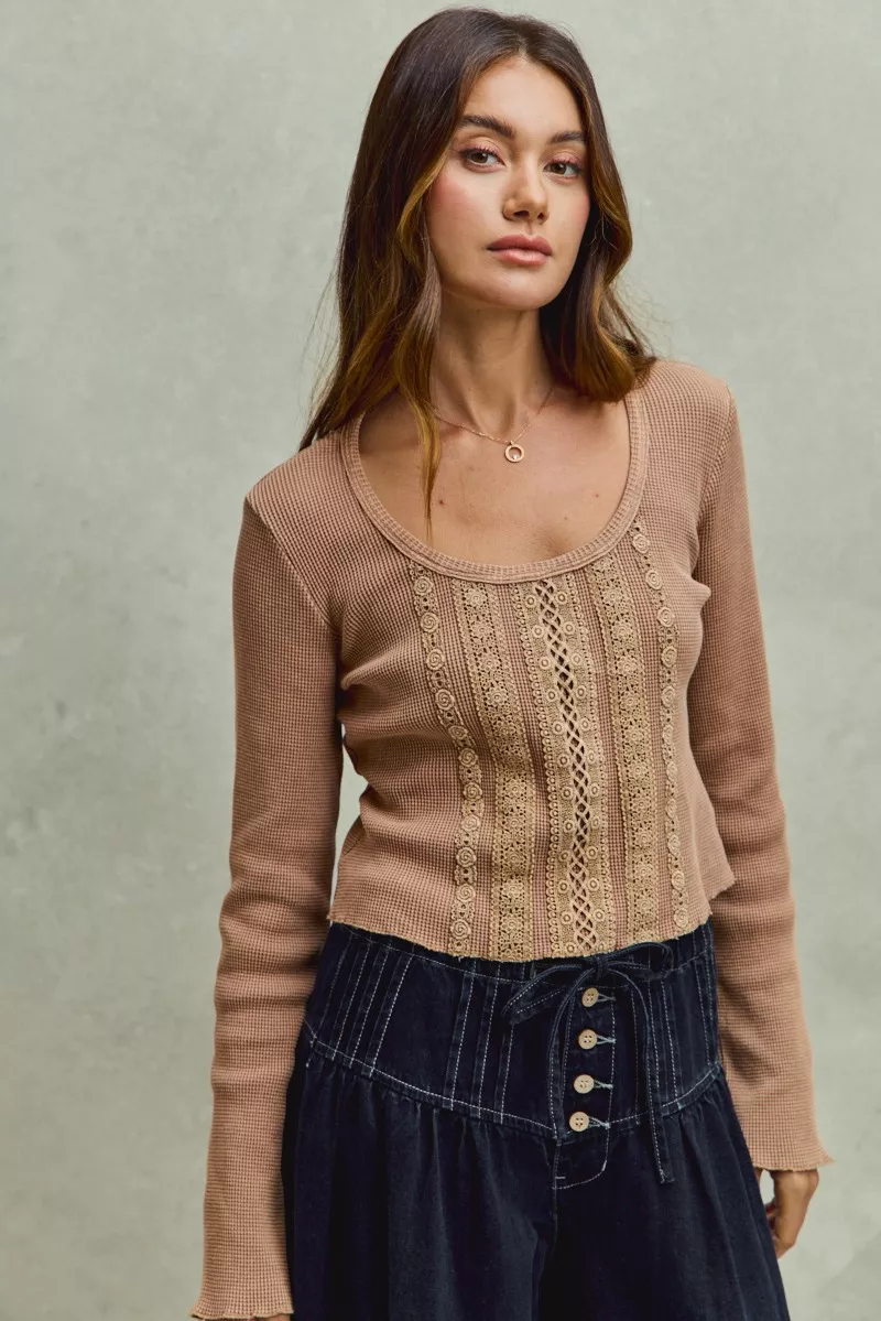 SO ME Vintage Washed Lace Crop Thermal Washed Knit Top - Image 4