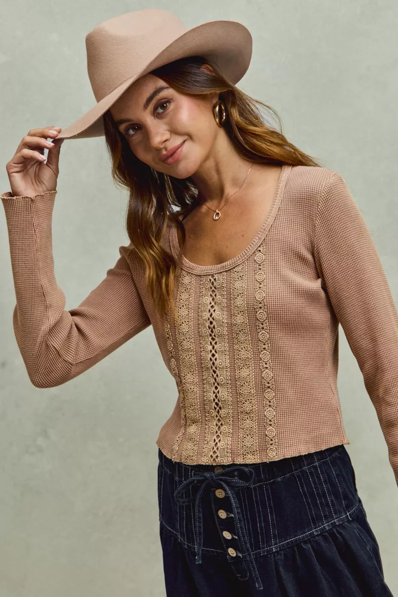 SO ME Vintage Washed Lace Crop Thermal Washed Knit Top - Image 5