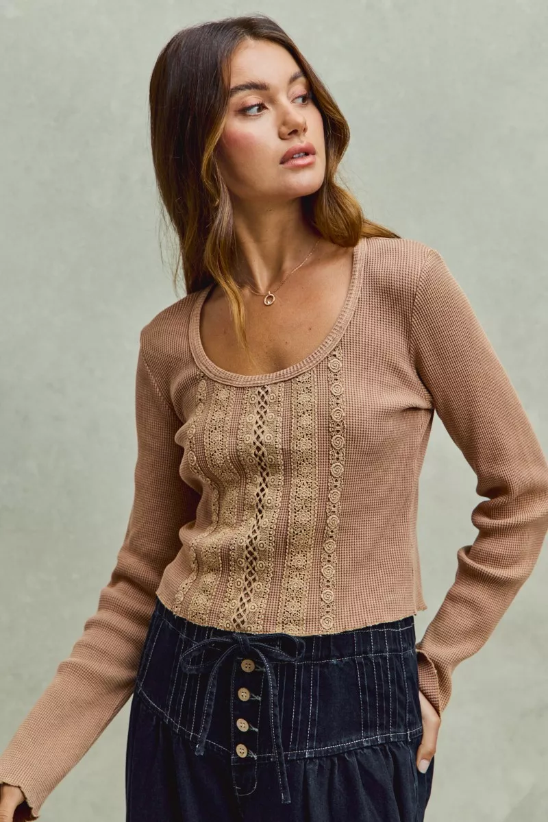 SO ME Vintage Washed Lace Crop Thermal Washed Knit Top - Image 6