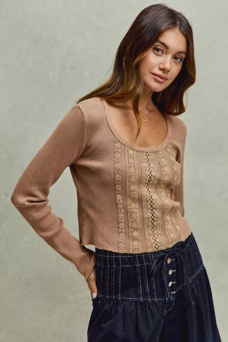 SO ME Vintage Washed Lace Crop Thermal Washed Knit Top - Image 7