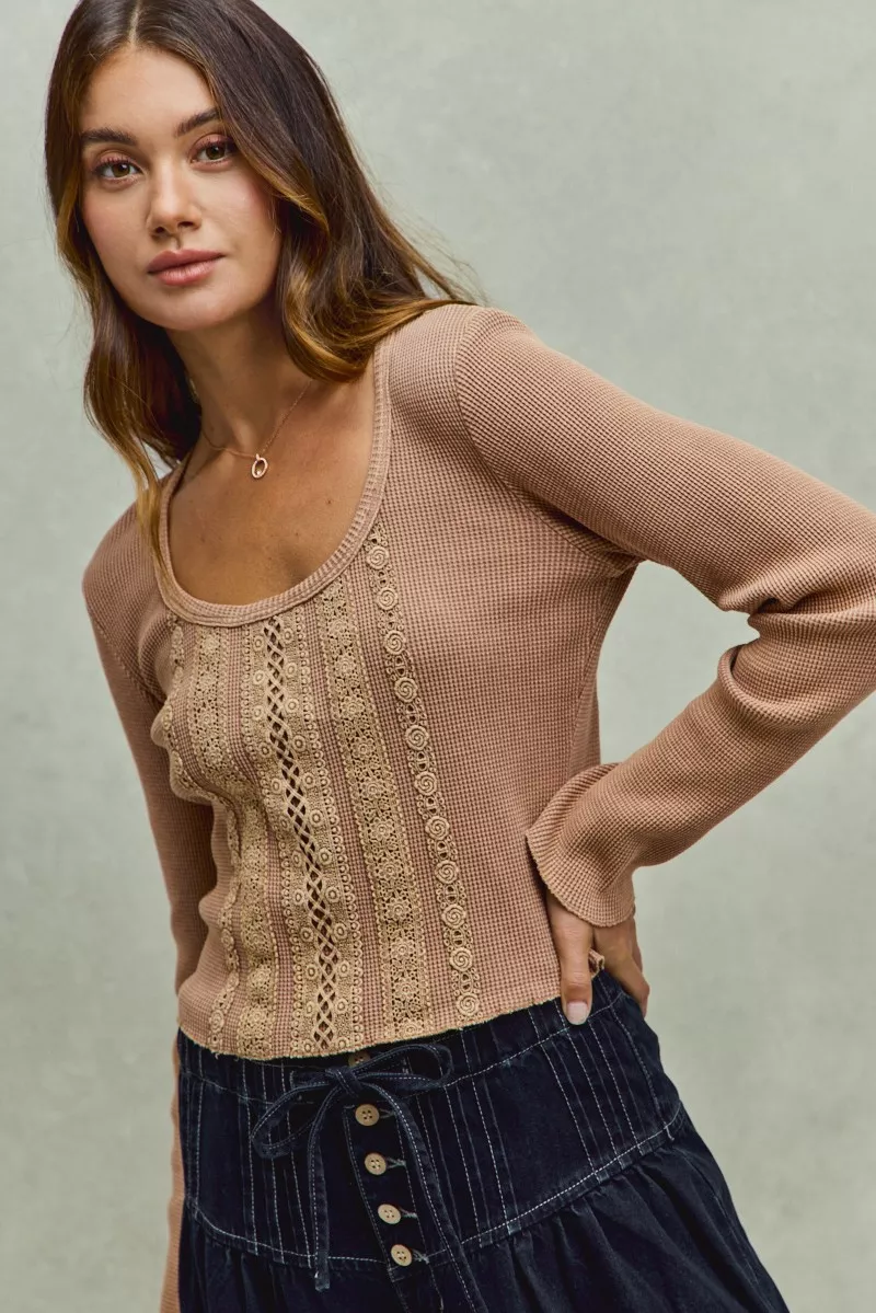 SO ME Vintage Washed Lace Crop Thermal Washed Knit Top - Image 8