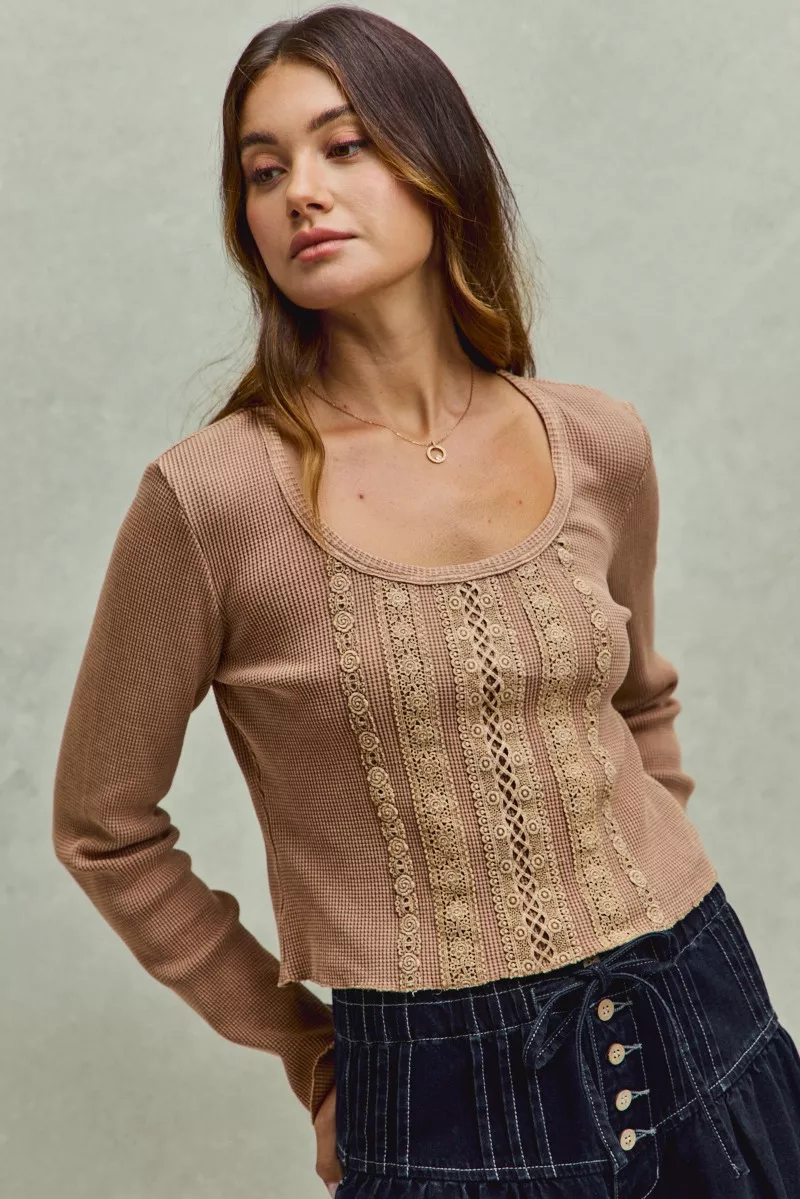 SO ME Vintage Washed Lace Crop Thermal Washed Knit Top - Image 9