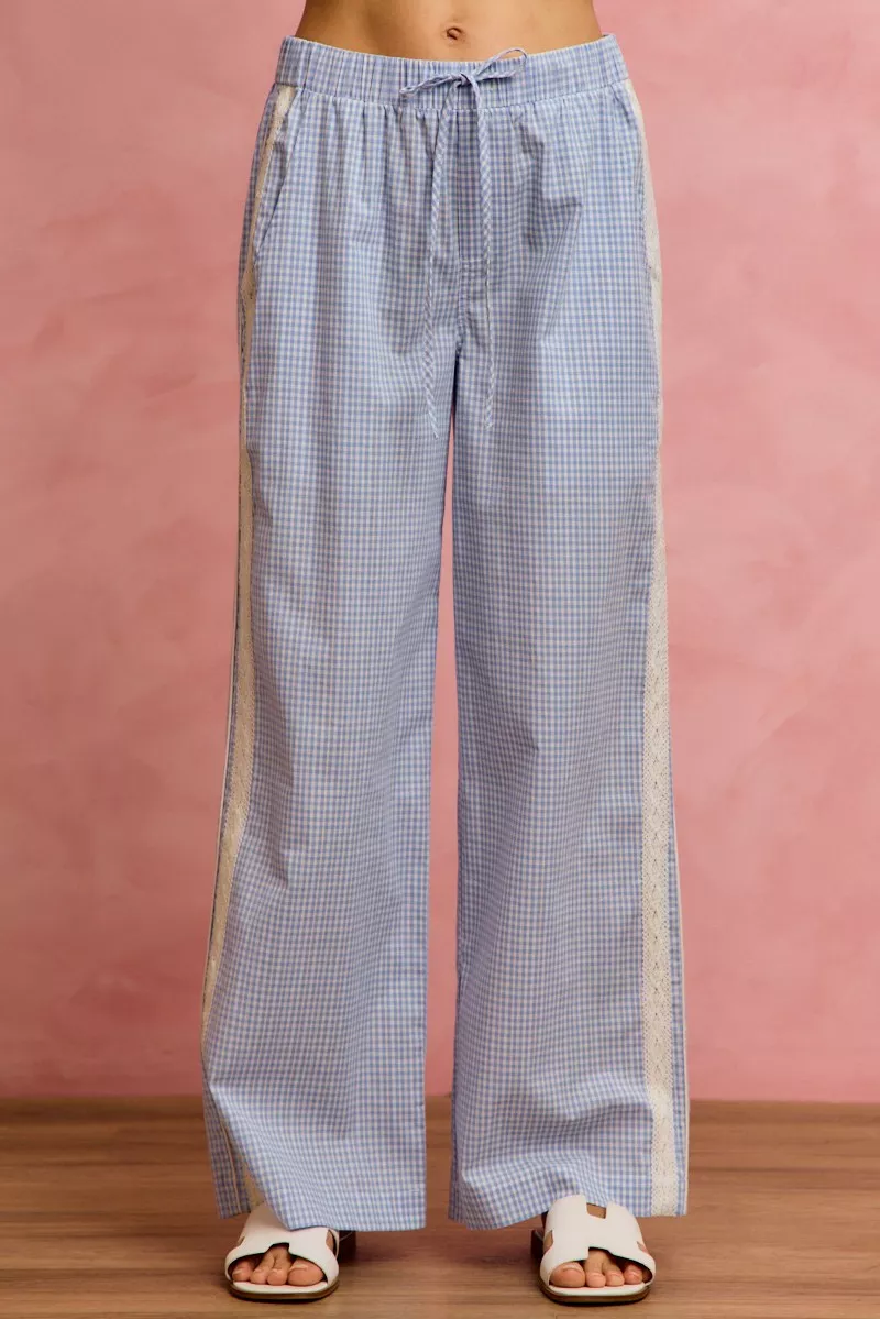 SO ME Wide Check Pants With Side Lace Trim And Piping