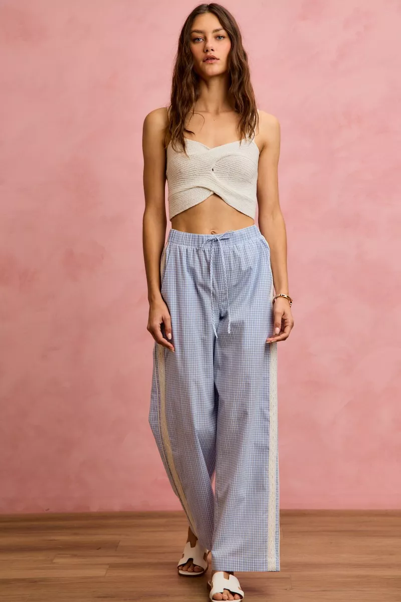 SO ME Wide Check Pants With Side Lace Trim And Piping - Image 10