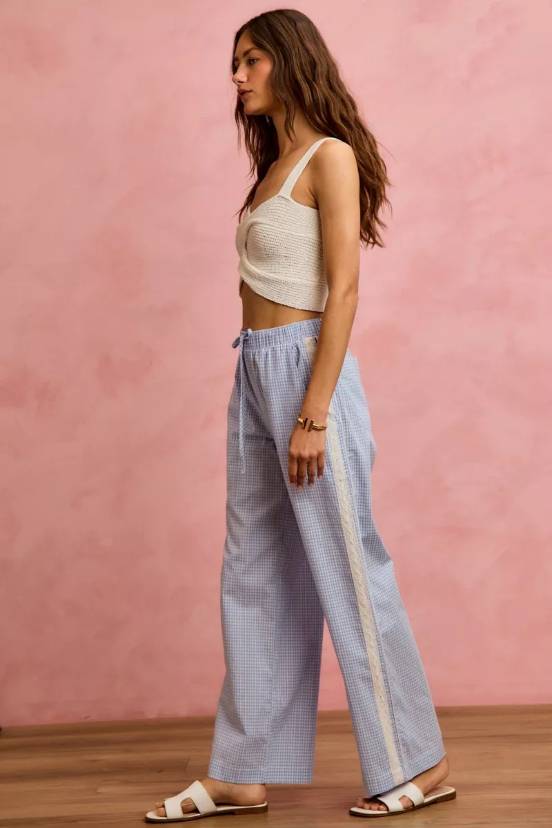 SO ME Wide Check Pants With Side Lace Trim And Piping - Image 11