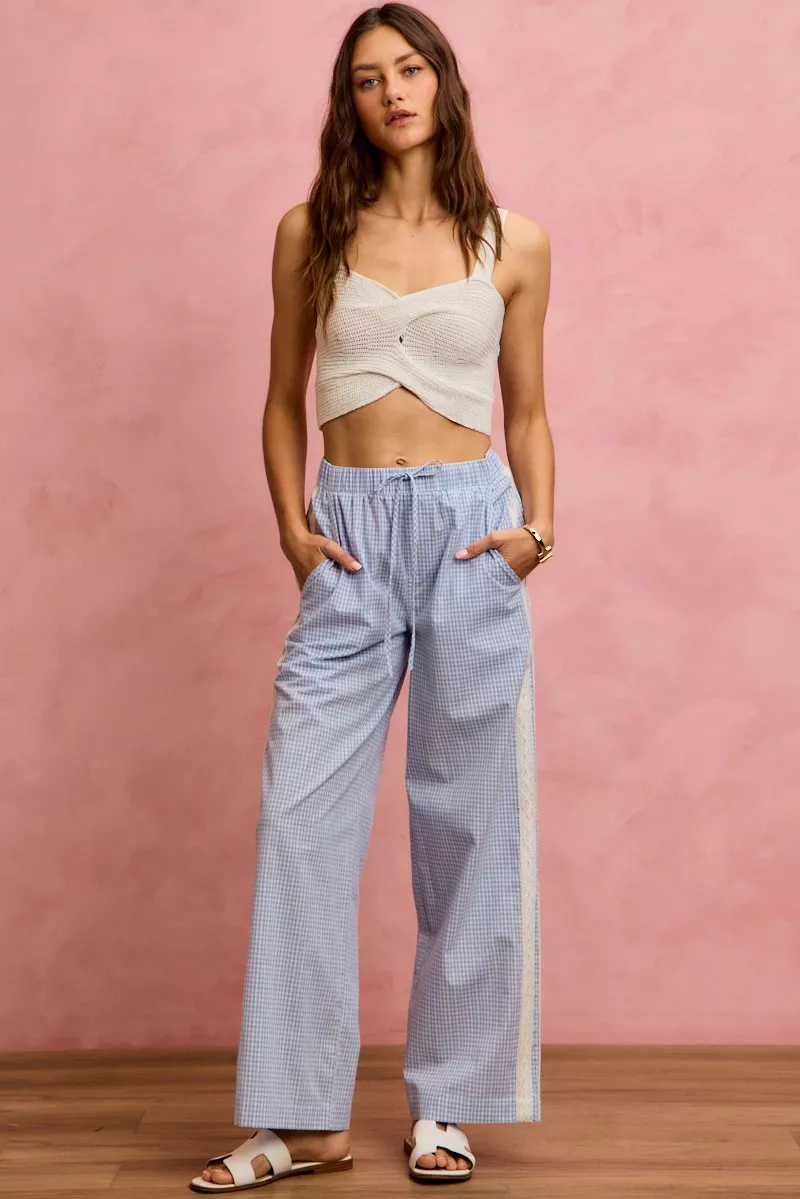 SO ME Wide Check Pants With Side Lace Trim And Piping - Image 12
