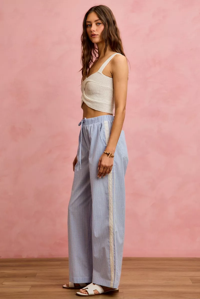 SO ME Wide Check Pants With Side Lace Trim And Piping - Image 13