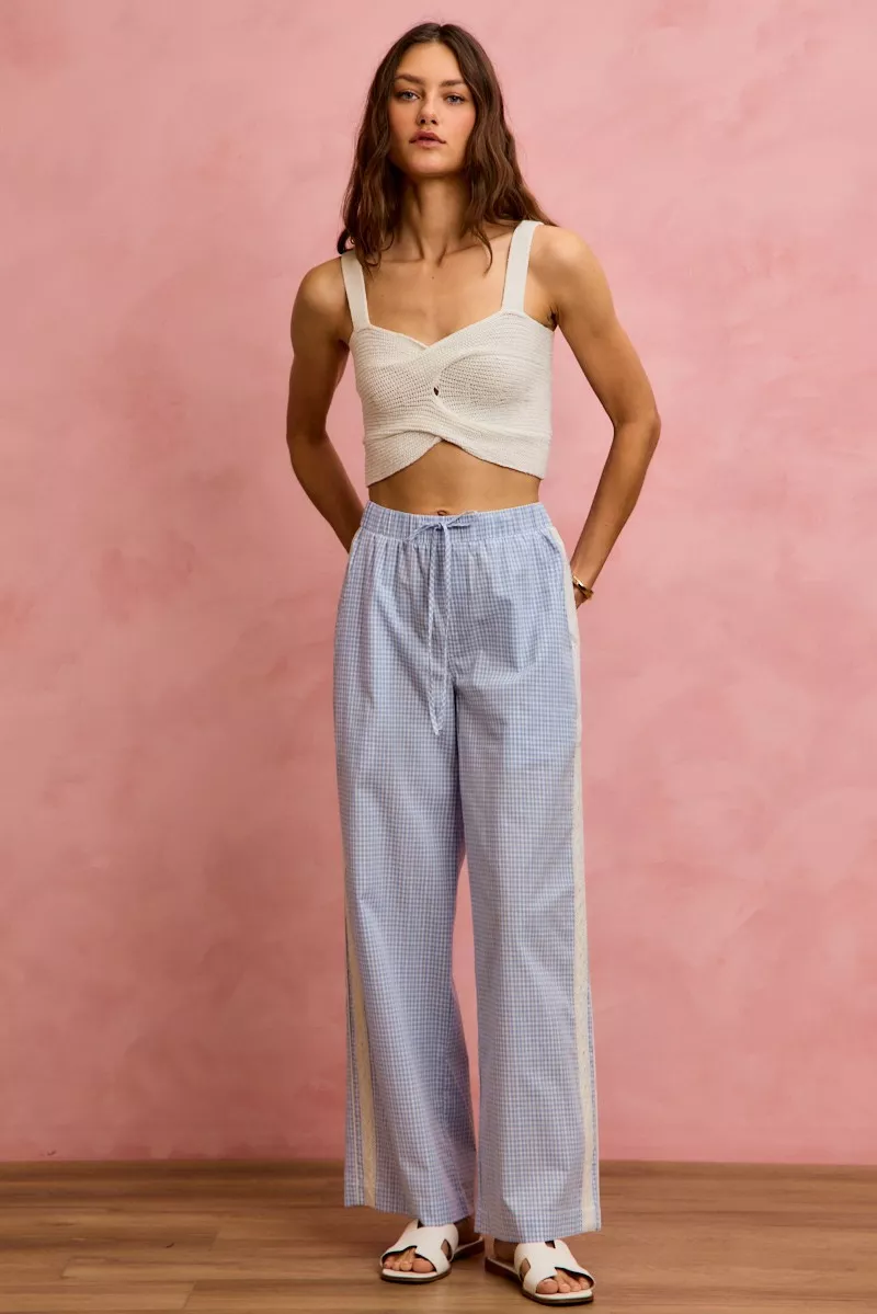 SO ME Wide Check Pants With Side Lace Trim And Piping - Image 6