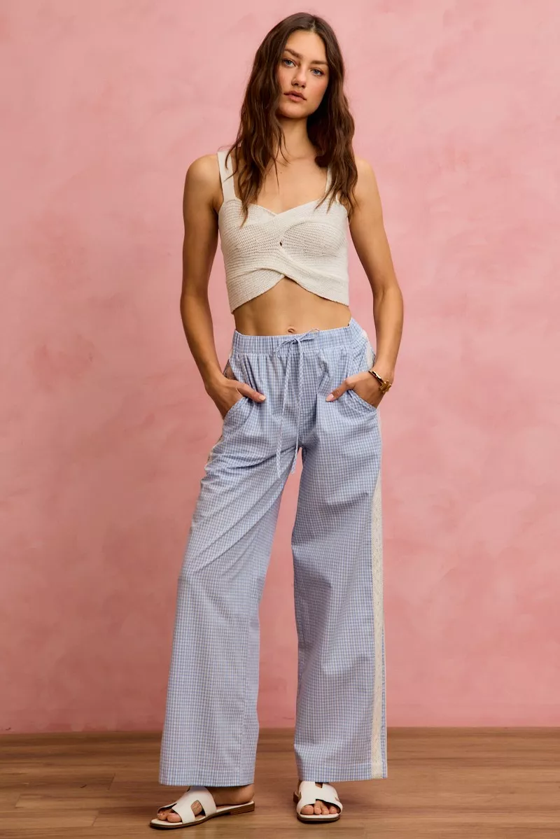 SO ME Wide Check Pants With Side Lace Trim And Piping - Image 8