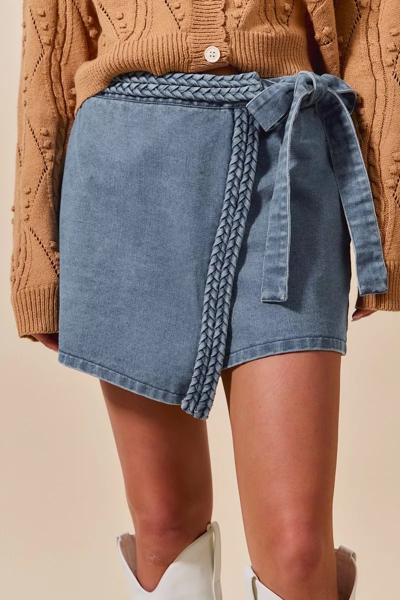 SO ME Wrap Braided Trimmed Denim Skort - Image 2