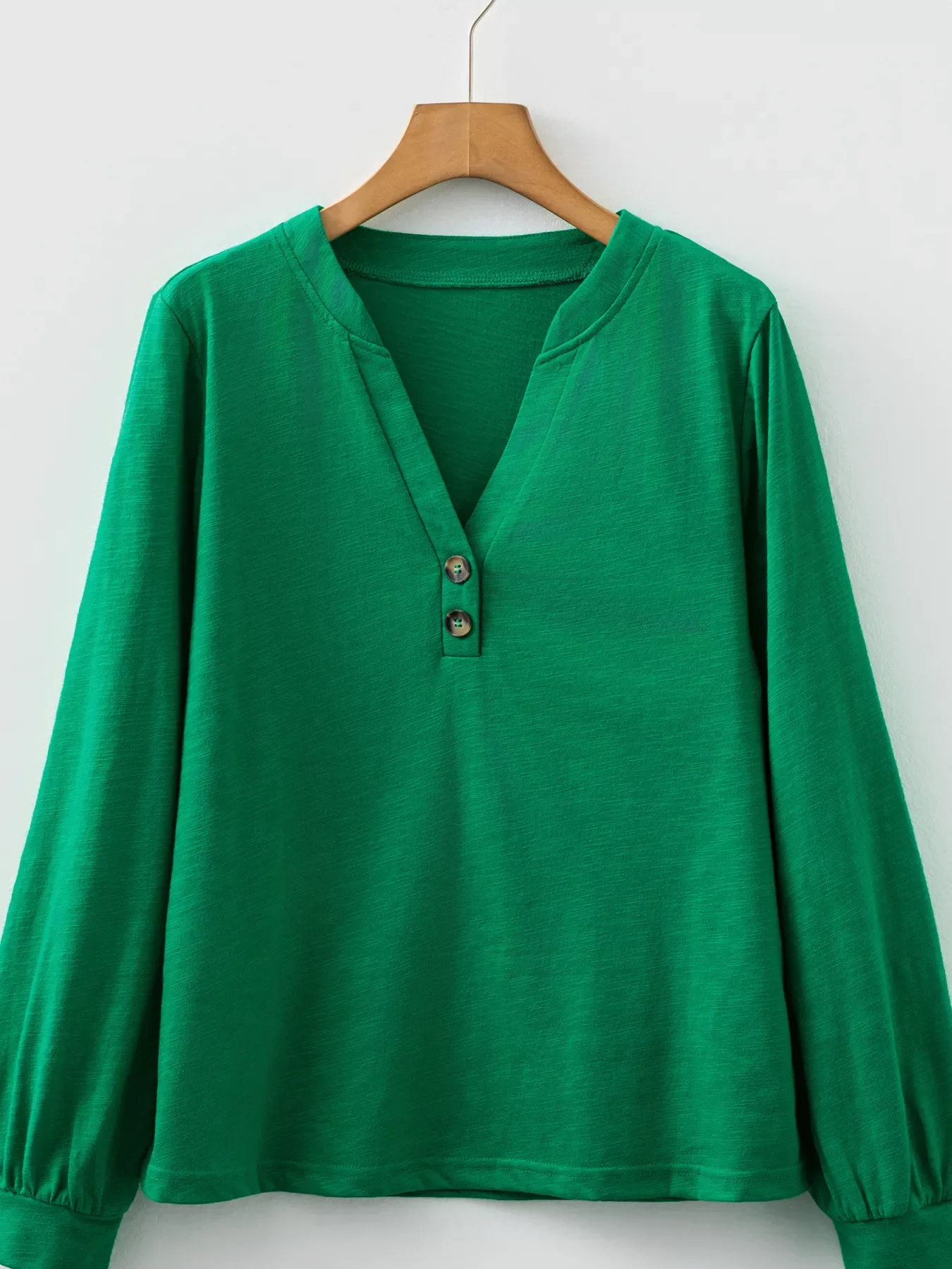 Solid Color Button V Neck Long Sleeve Top - Image 2