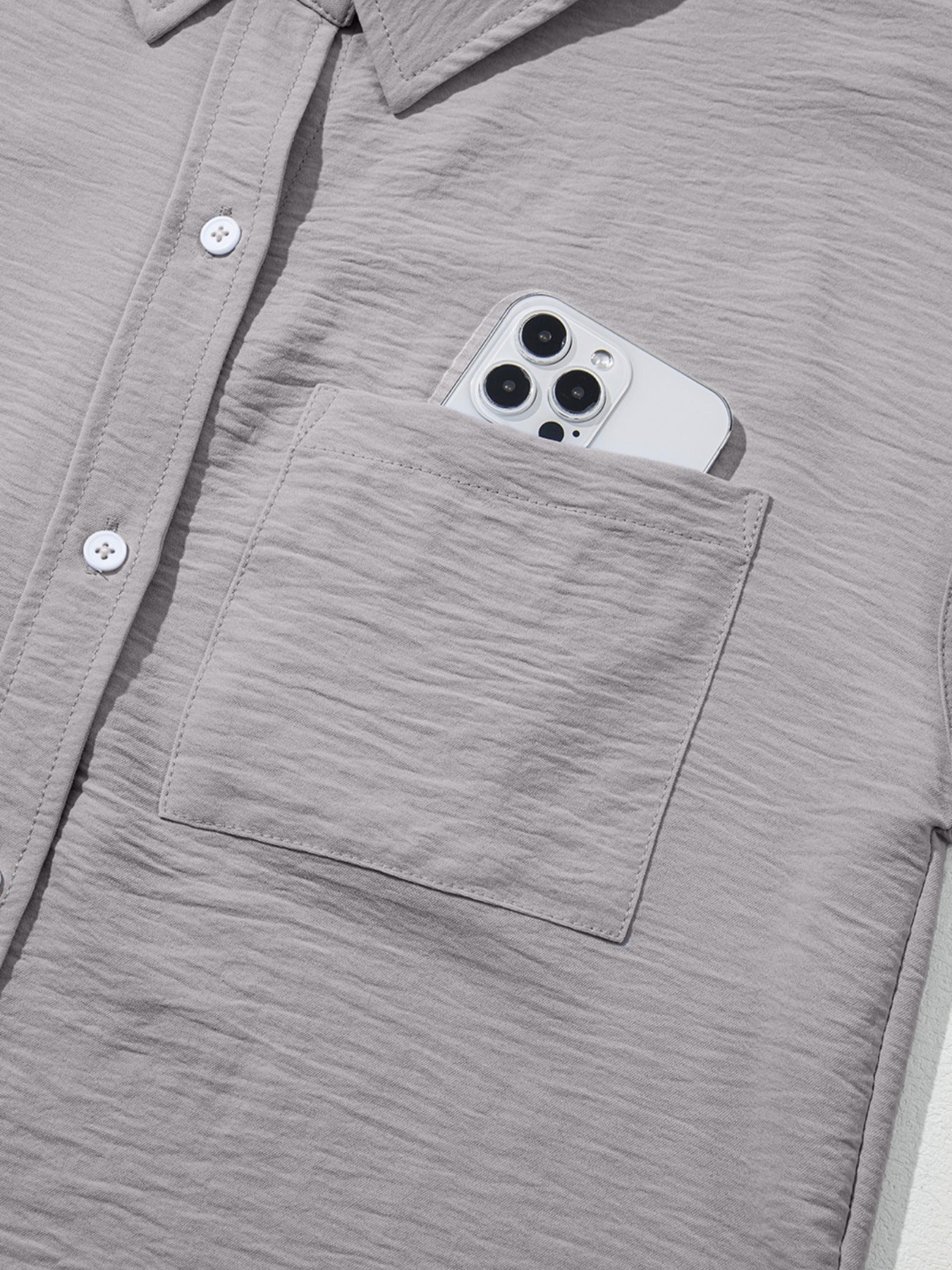 Solid Color Cuffed Short Sleeve Shirt - Image 23