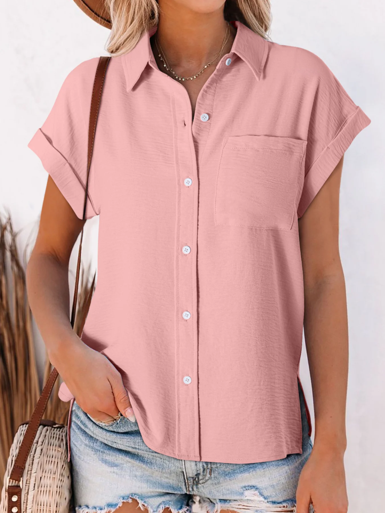 Solid Color Cuffed Short Sleeve Shirt - Image 3