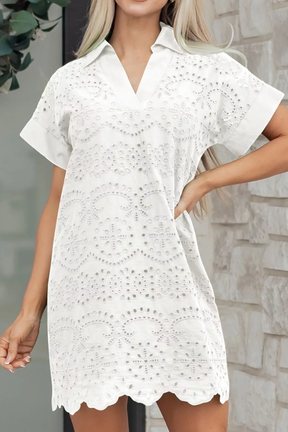 Solid Color Eyelet Embroidered T Shirt Mini Dress - Image 5