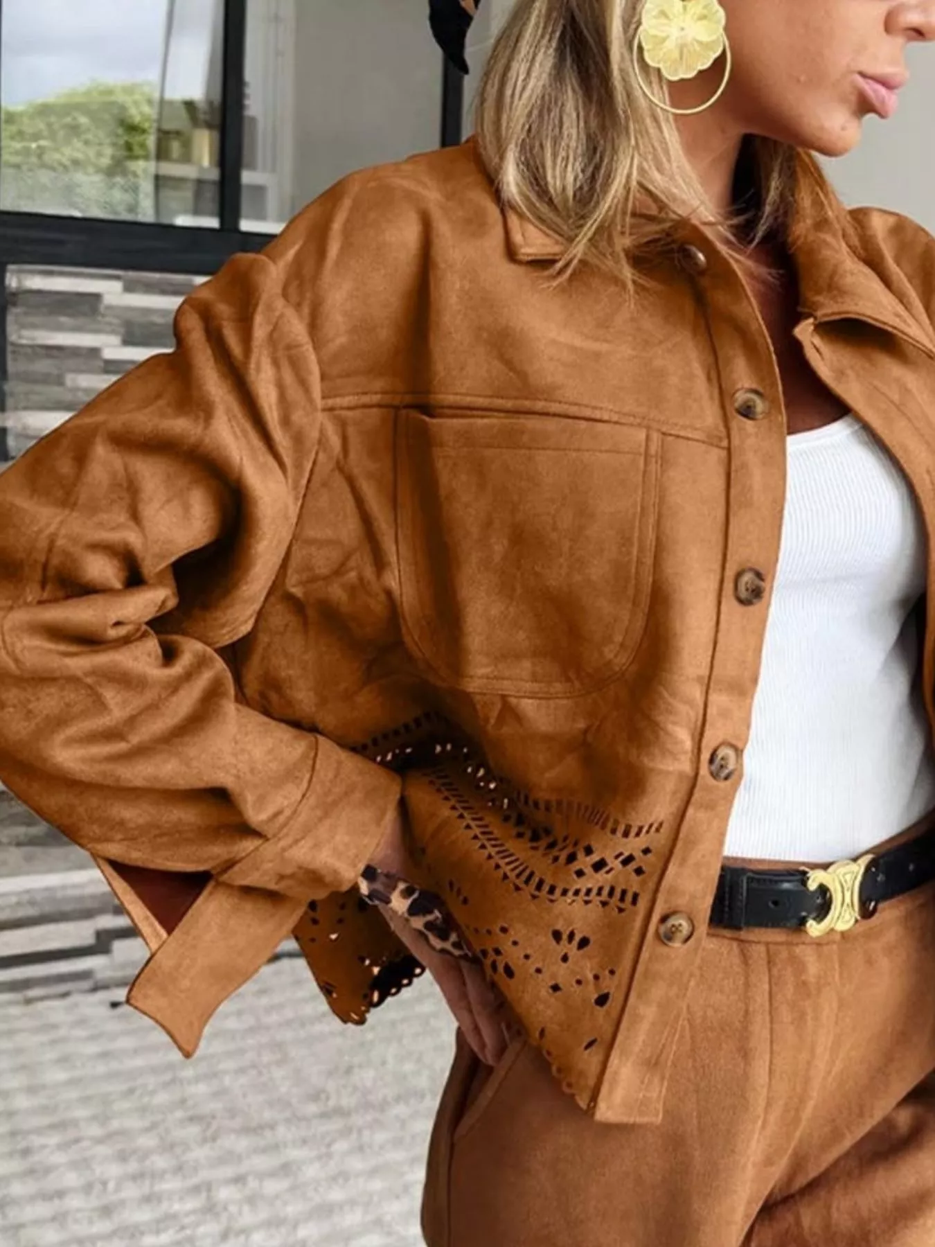 Solid Color Faux Suede Hollowed Detail Retro Style Jacket - Image 2