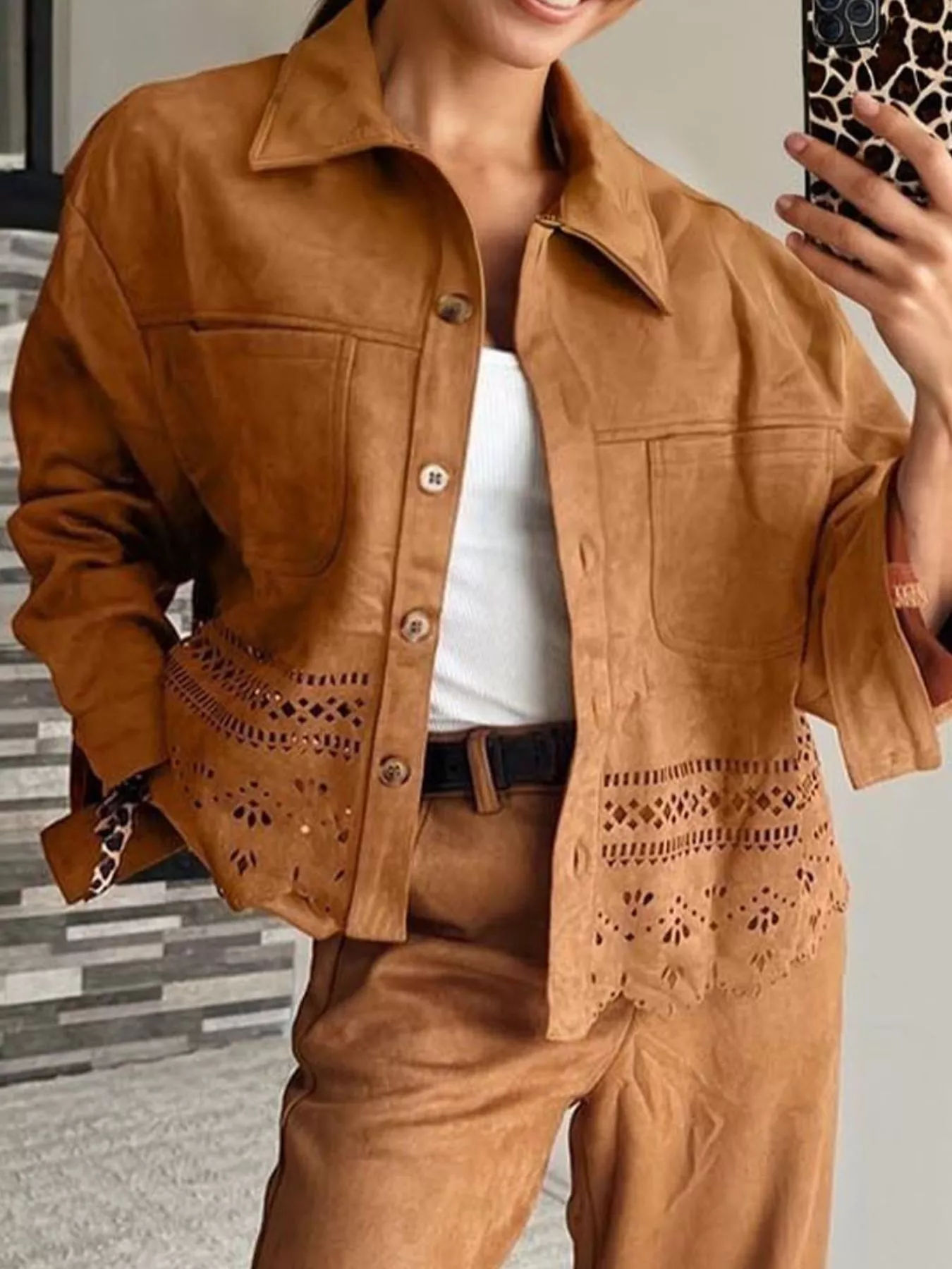 Solid Color Faux Suede Hollowed Detail Retro Style Jacket - Image 3