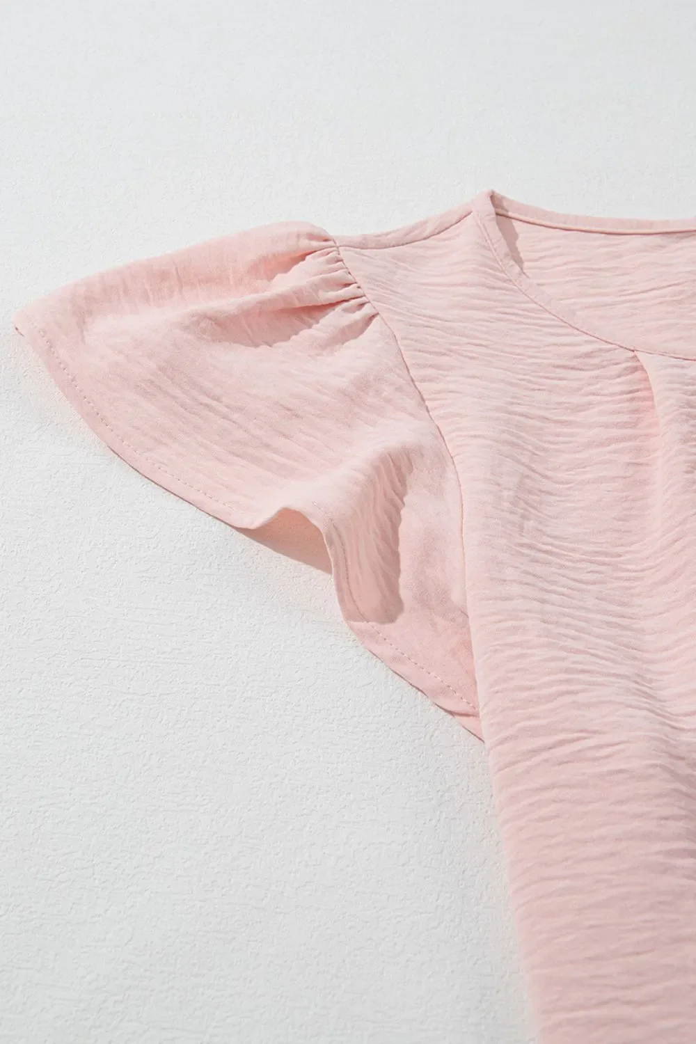 Solid Color Flounce Sleeve Pleated Round Neck Blouse - Image 10