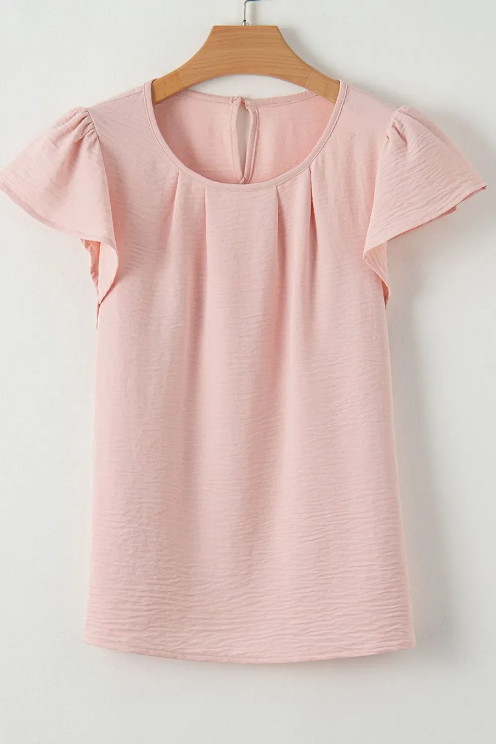 Solid Color Flounce Sleeve Pleated Round Neck Blouse - Image 6