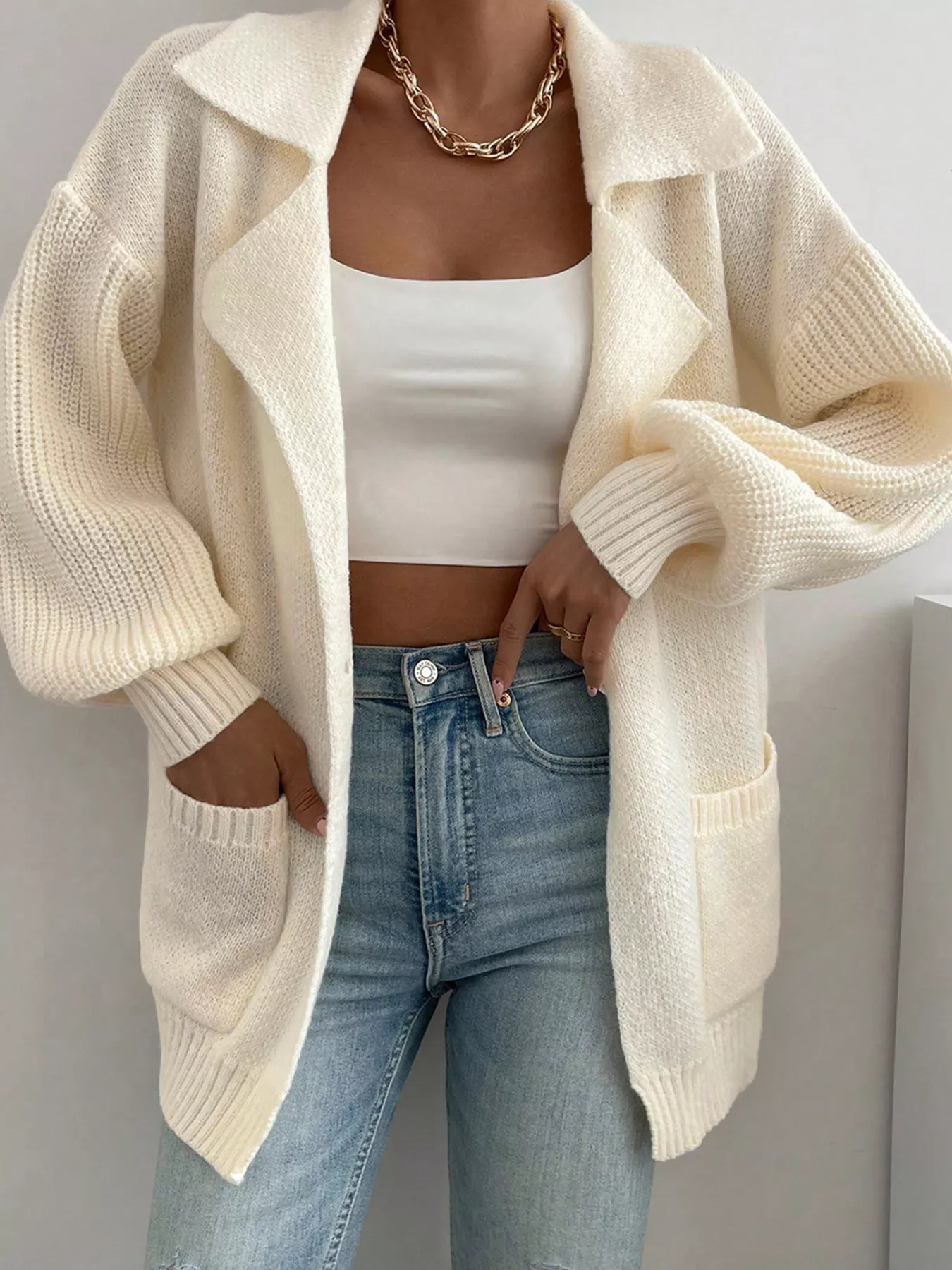 Solid Color Knit Lapel Collar Single Button Sweater Cardigan - Image 4