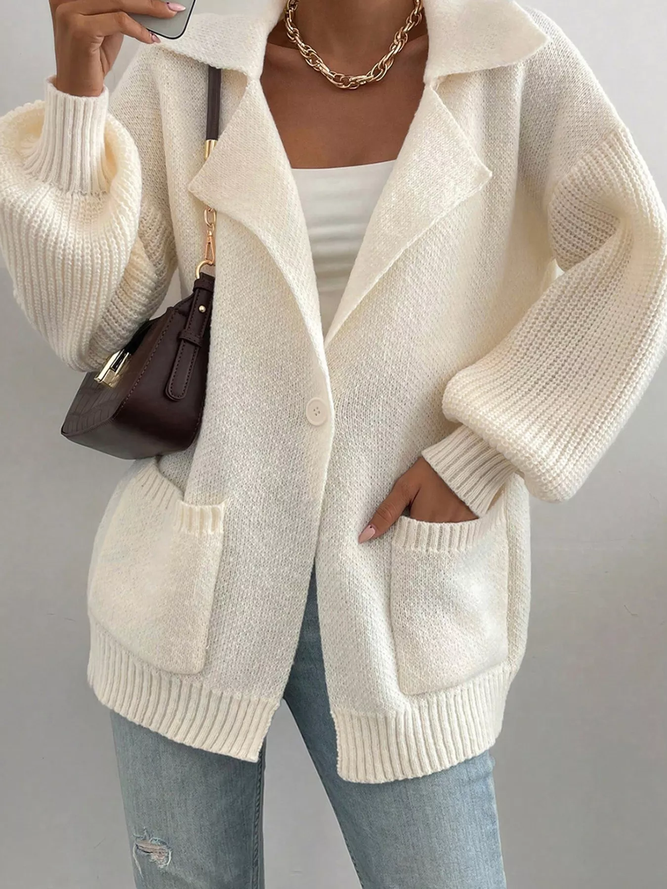 Solid Color Knit Lapel Collar Single Button Sweater Cardigan - Image 6