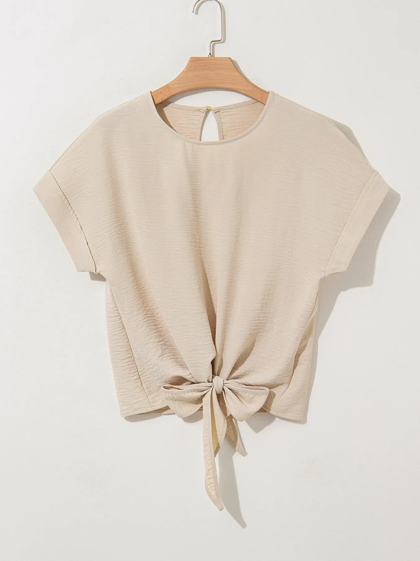 Solid Color Knotted Hem Short Sleeve Blouse - Image 5