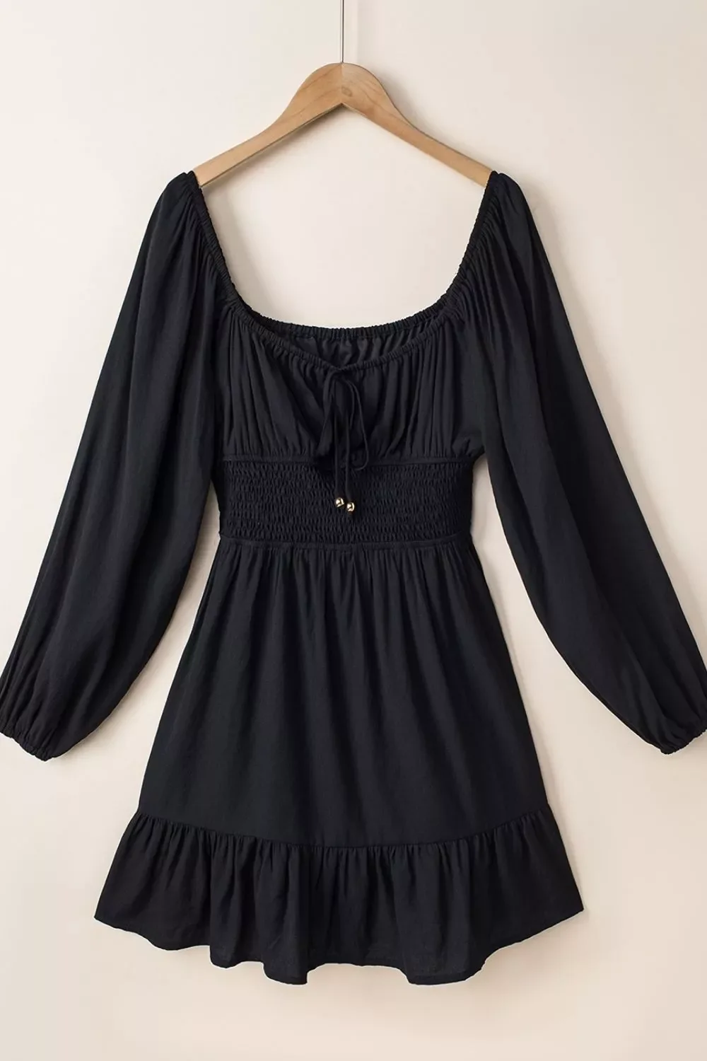 Solid Color Long Sleeve Shirred Drawstring Ruffle Mini Dress - Image 7