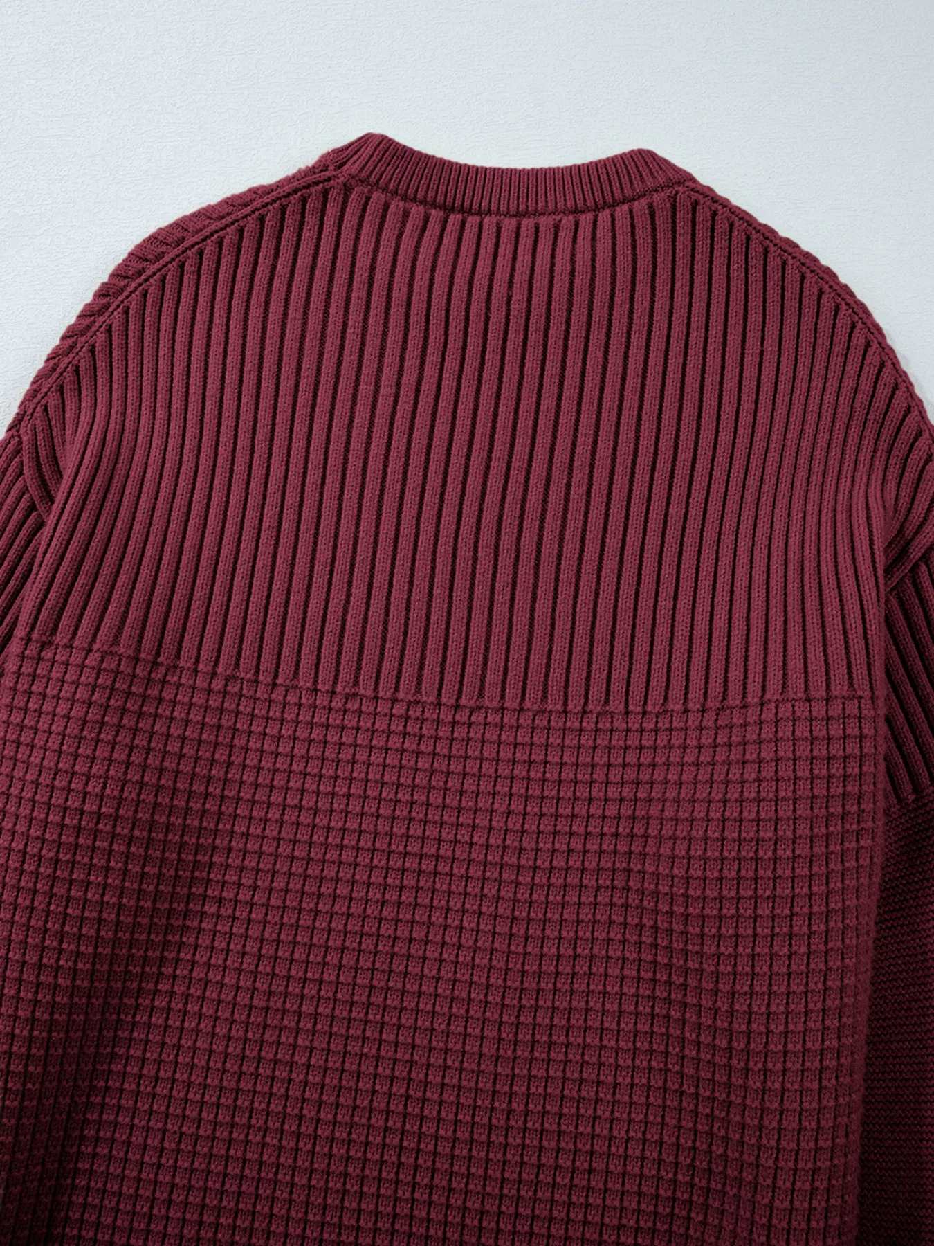 Solid Color Mixed Textured Knitted Crew Neck Sweater - Image 10