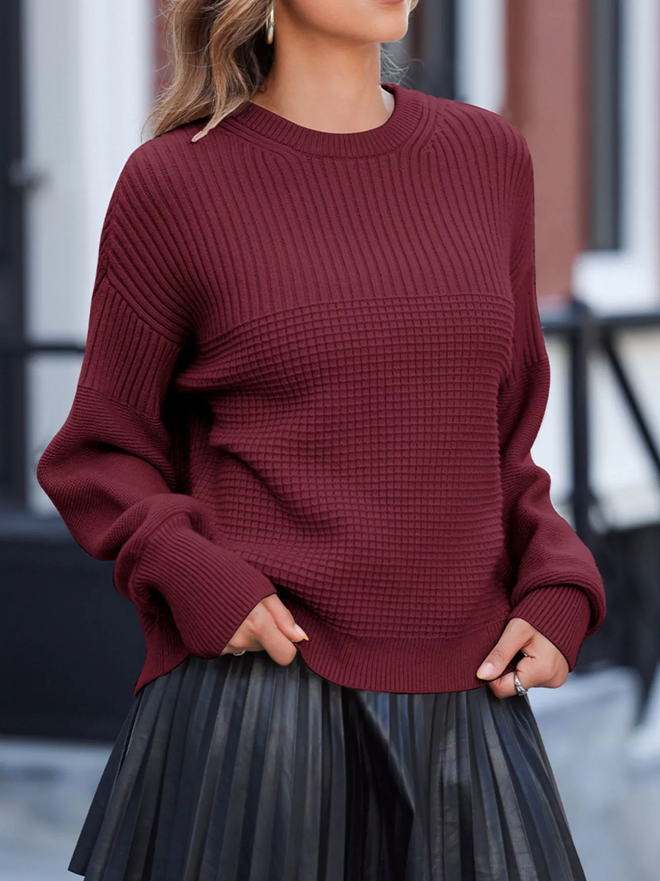 Solid Color Mixed Textured Knitted Crew Neck Sweater - Image 5