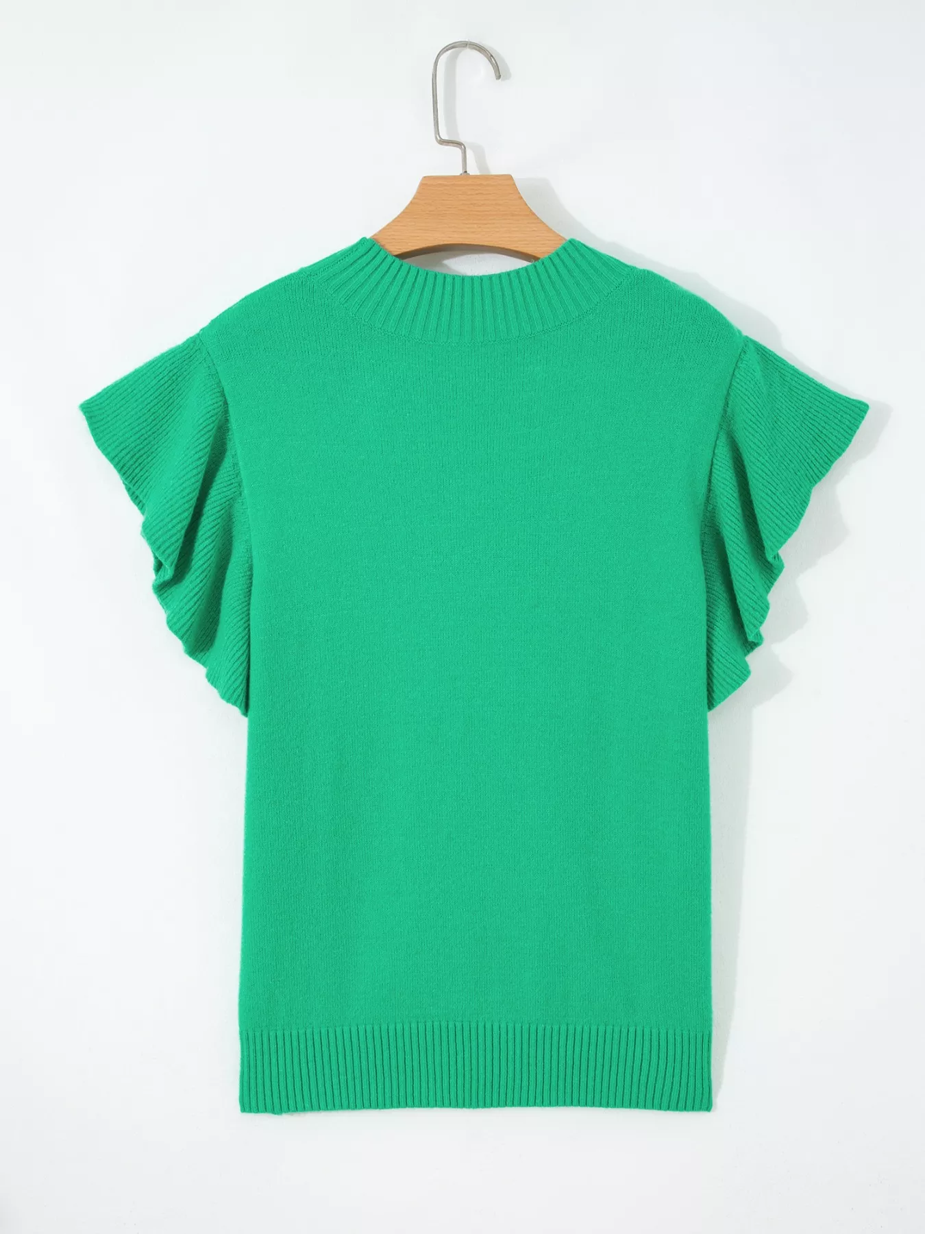 Solid Color Ribbed Trim Round Neck Ruffle Short Sleeve Sweater - Image 14