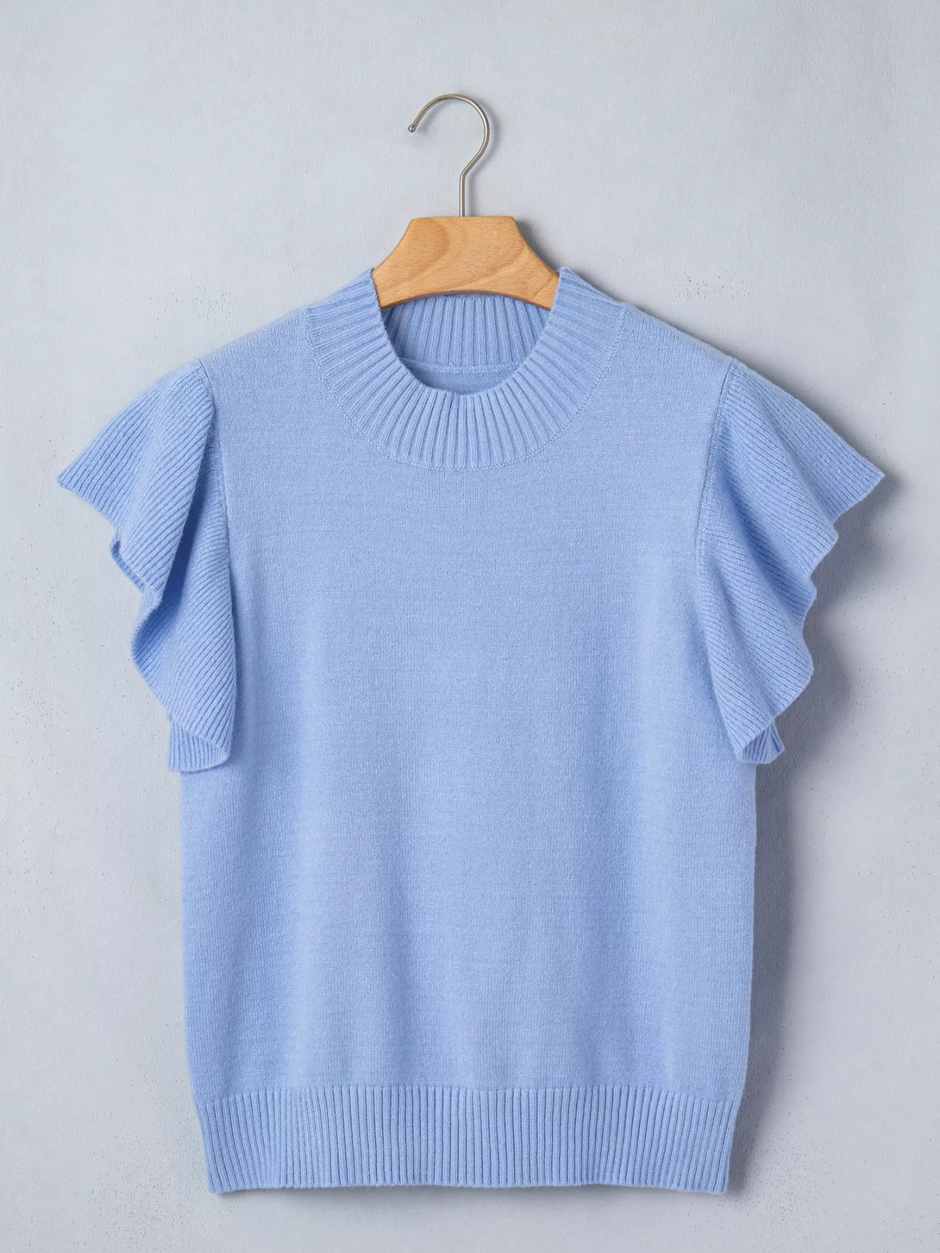 Solid Color Ribbed Trim Round Neck Ruffle Short Sleeve Sweater - Image 5