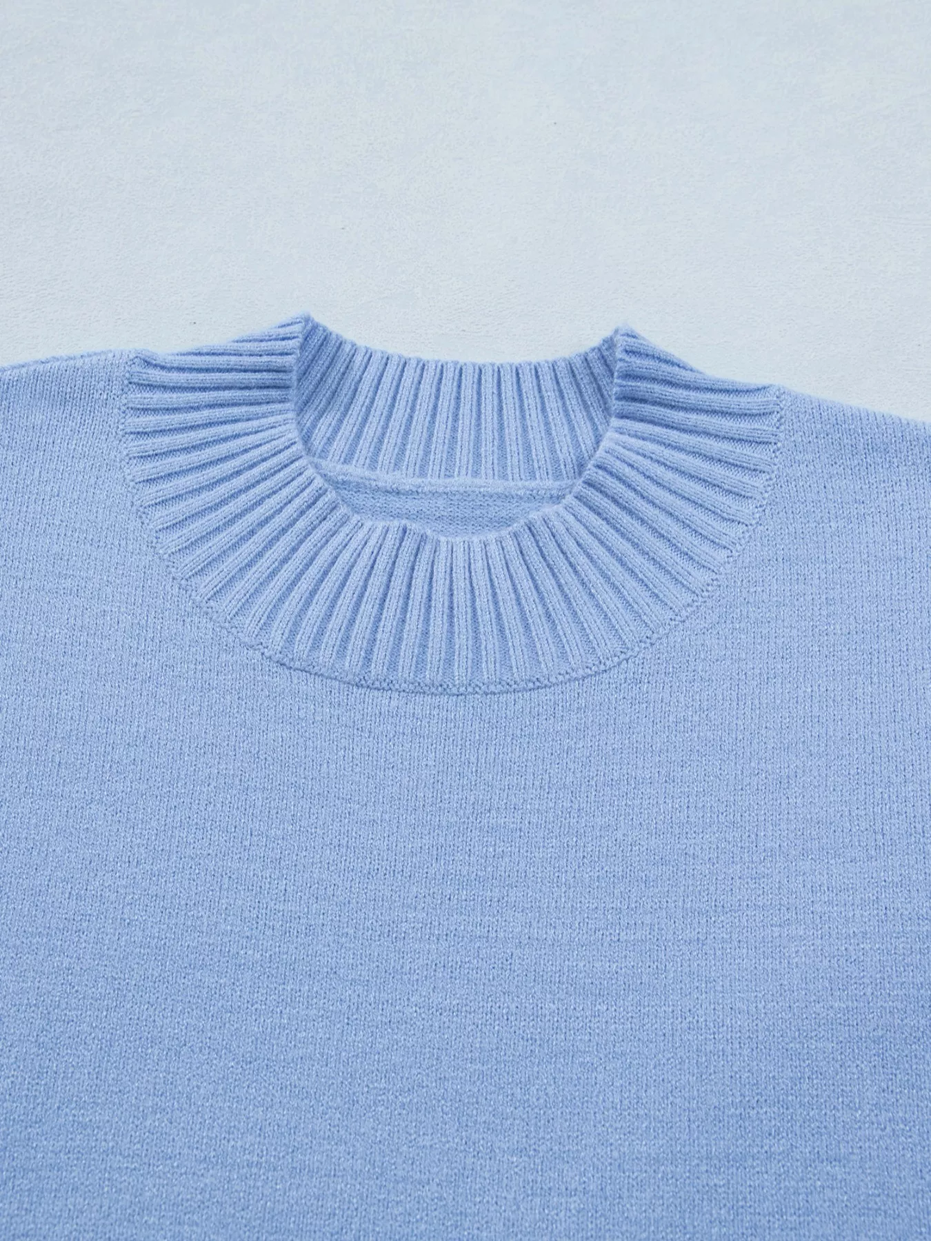 Solid Color Ribbed Trim Round Neck Ruffle Short Sleeve Sweater - Image 7