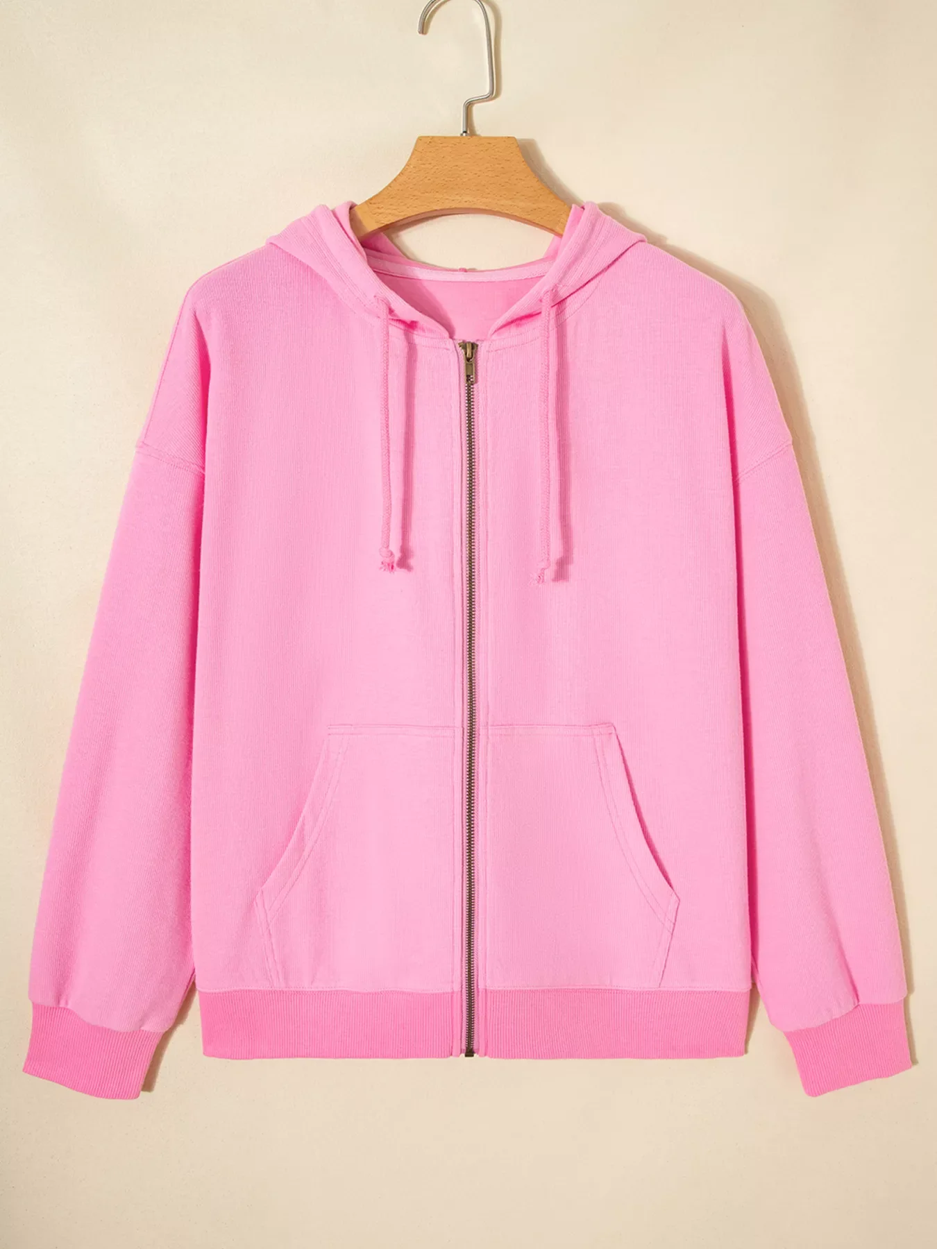 Solid Color Ribbed Zip Up Drawstring Hooded Jacket - Image 3