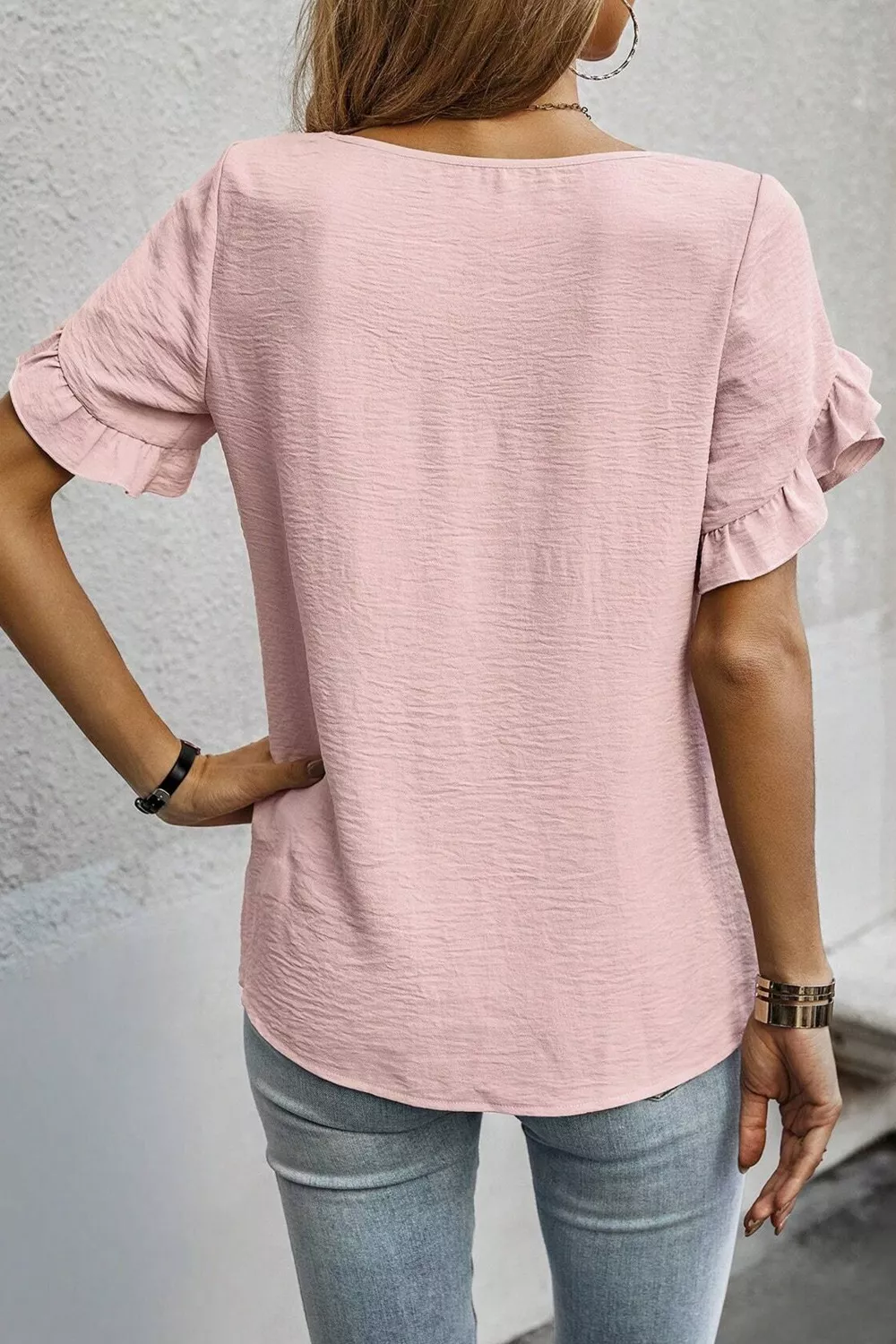 Solid Color Ruffle Trim Short Sleeve Blouse - Image 4