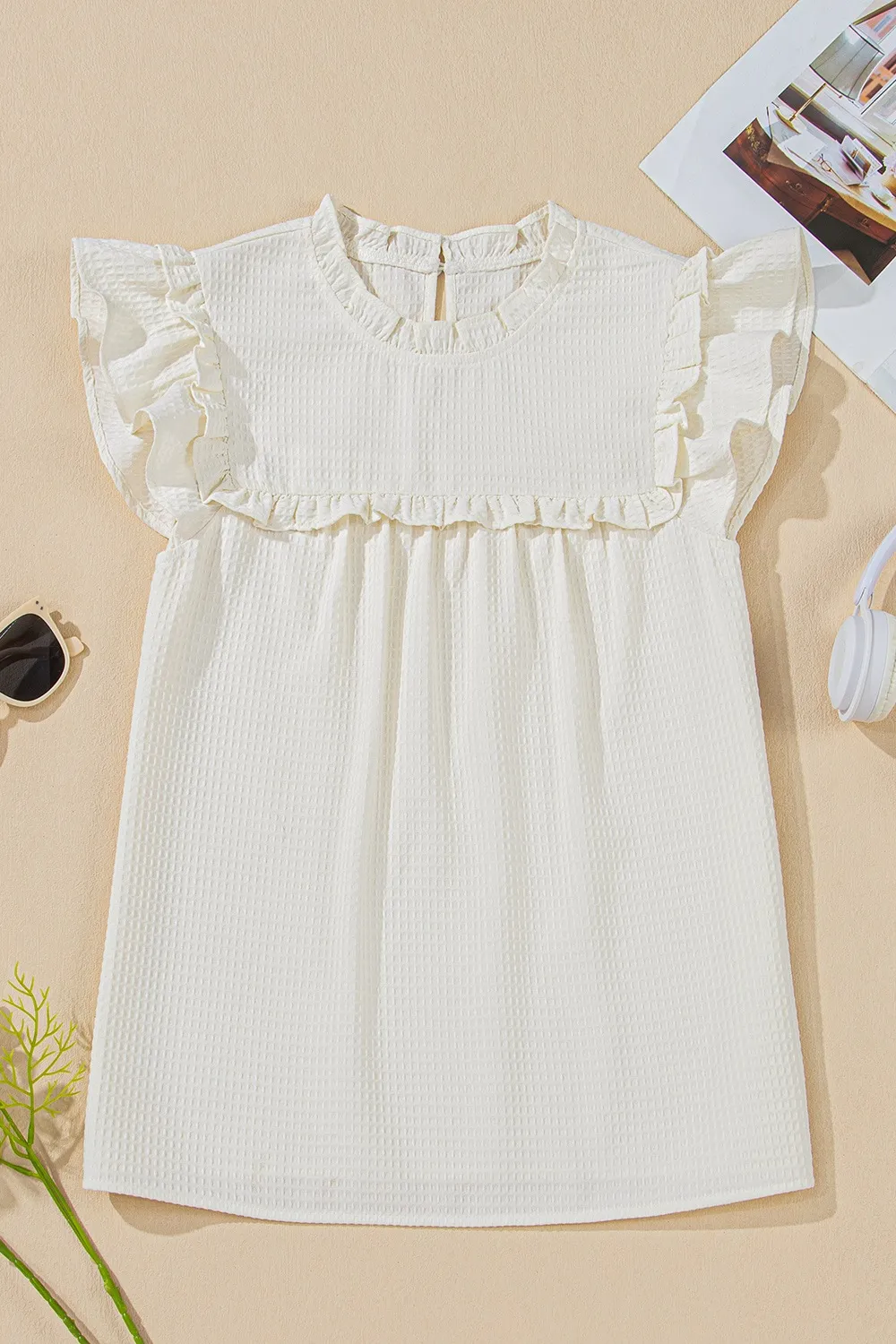 Solid Color Ruffle Trim Waffle Knit Blouse - Image 3