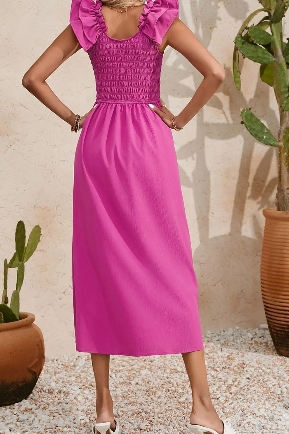 Solid Color Ruffled Straps Smocked Ruched Maxi Dress - Image 4