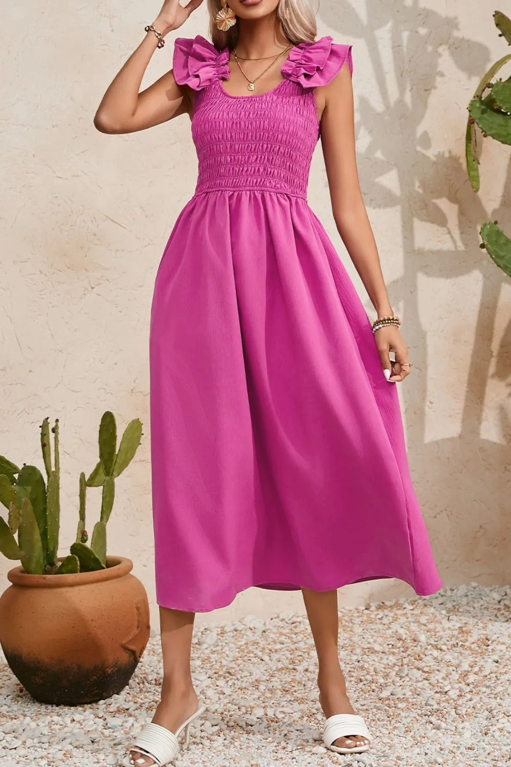 Solid Color Ruffled Straps Smocked Ruched Maxi Dress - Image 5