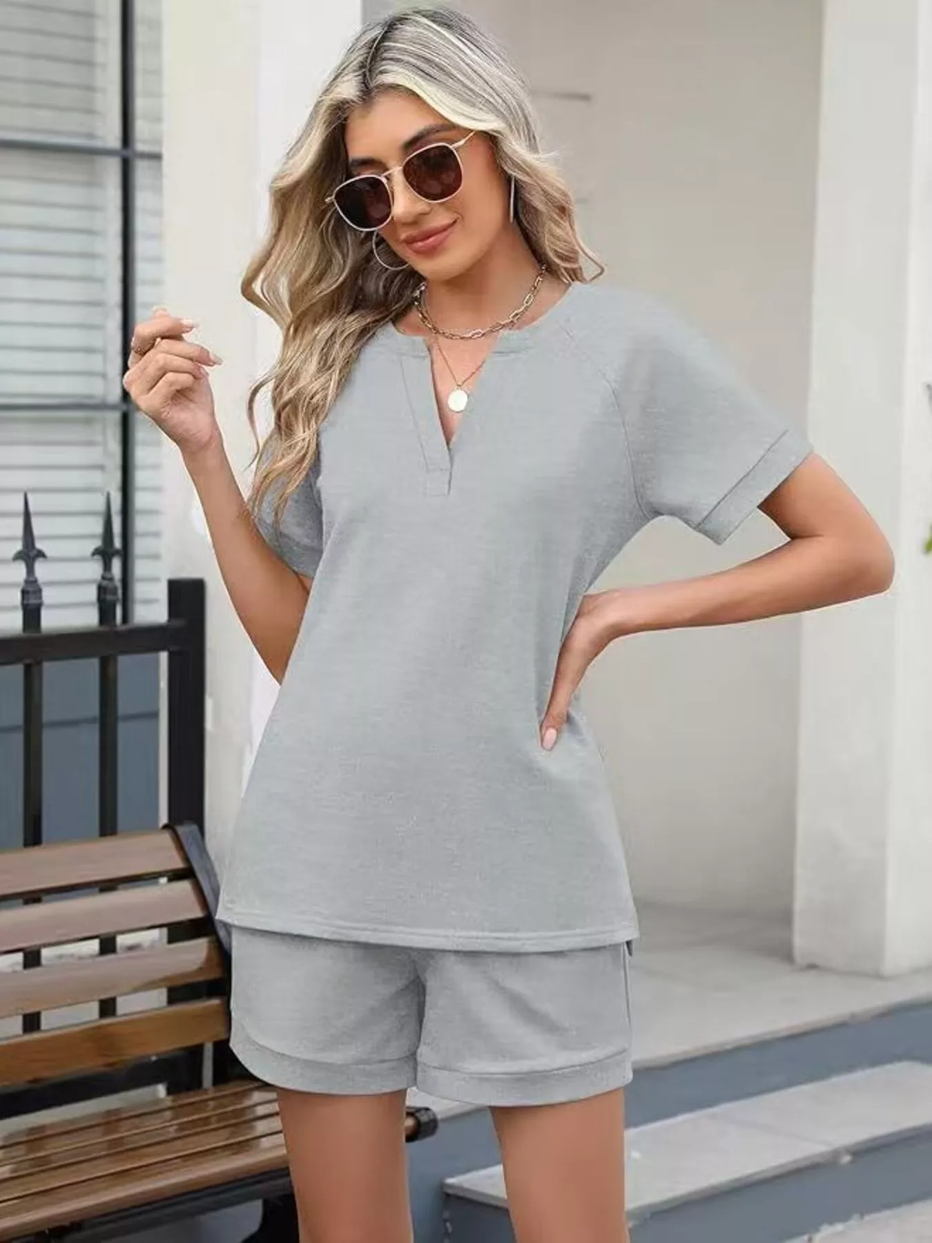 Solid Color Short Sleeve Top and Shorts Two-Piece Set - Image 29