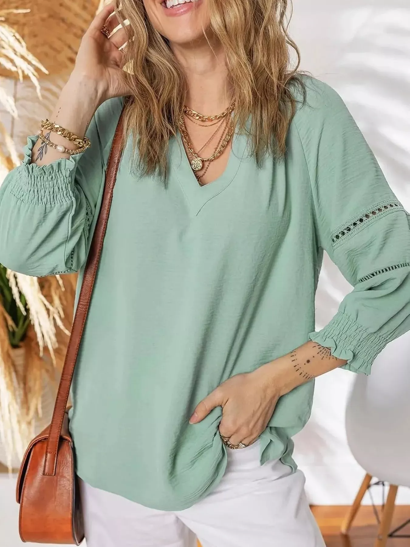 Solid Color Smocked Long Sleeve Blouse - Image 13